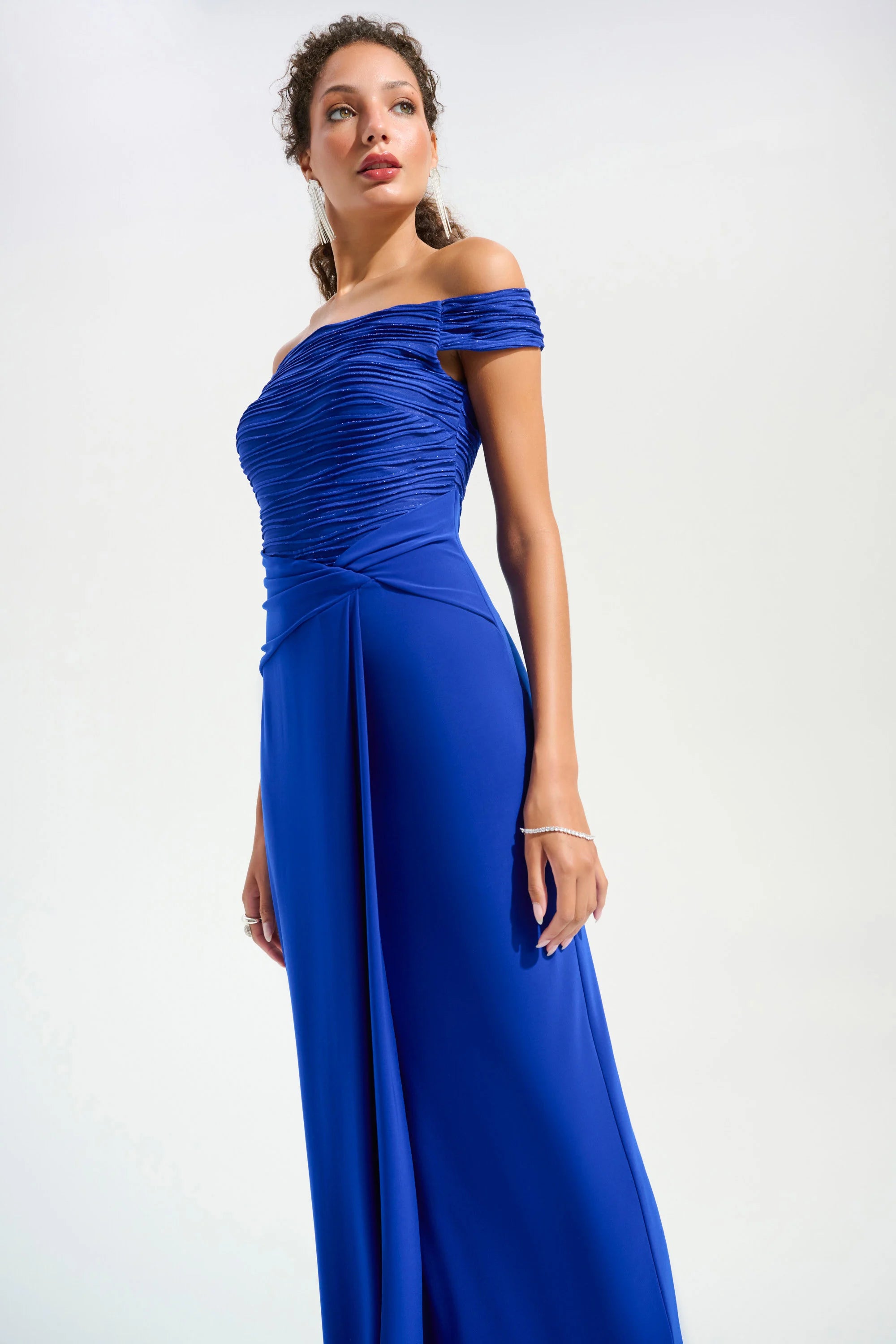 Silky Knit And Cascade Off-Shoulder Sheath Gown