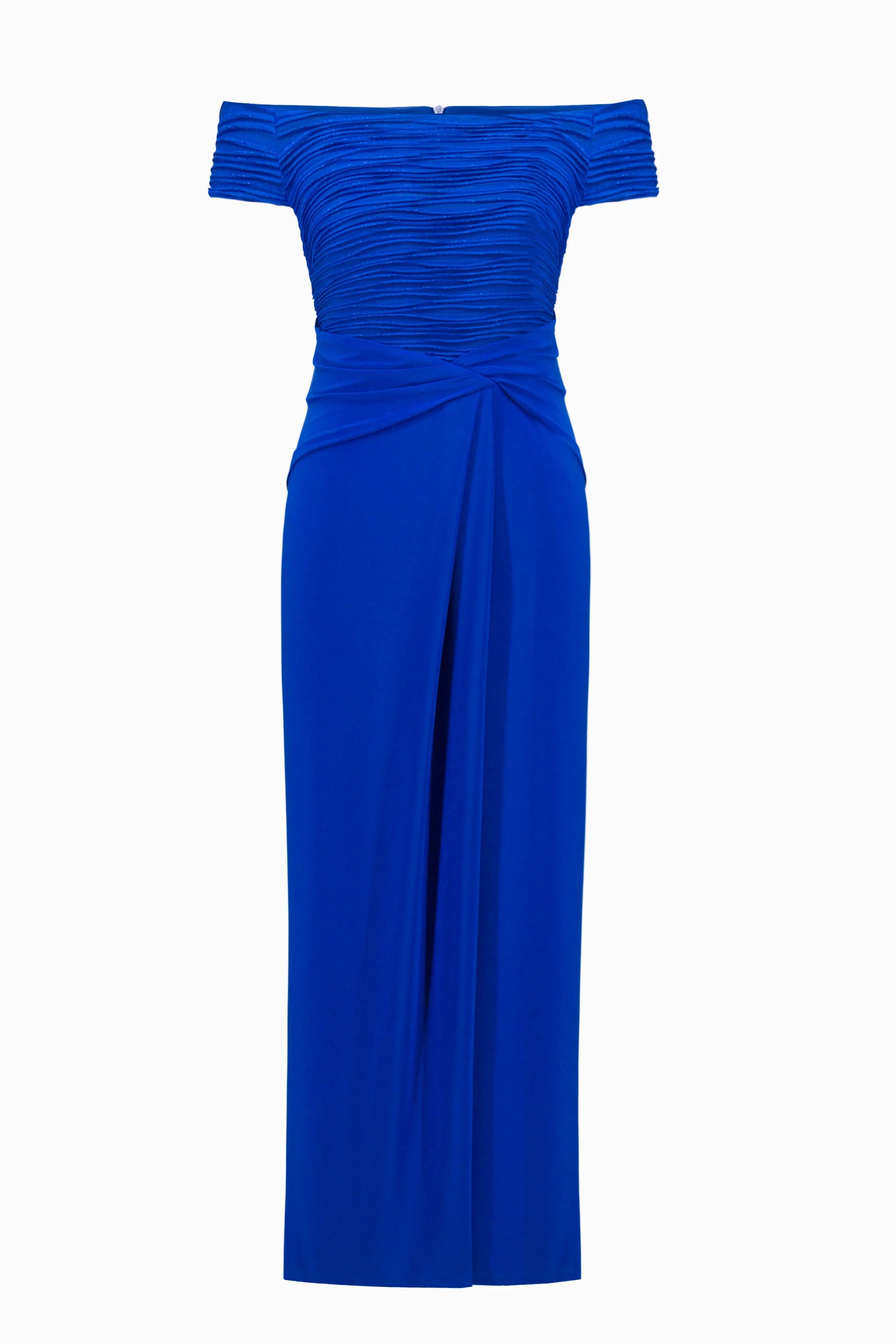 Silky Knit And Cascade Off-Shoulder Sheath Gown