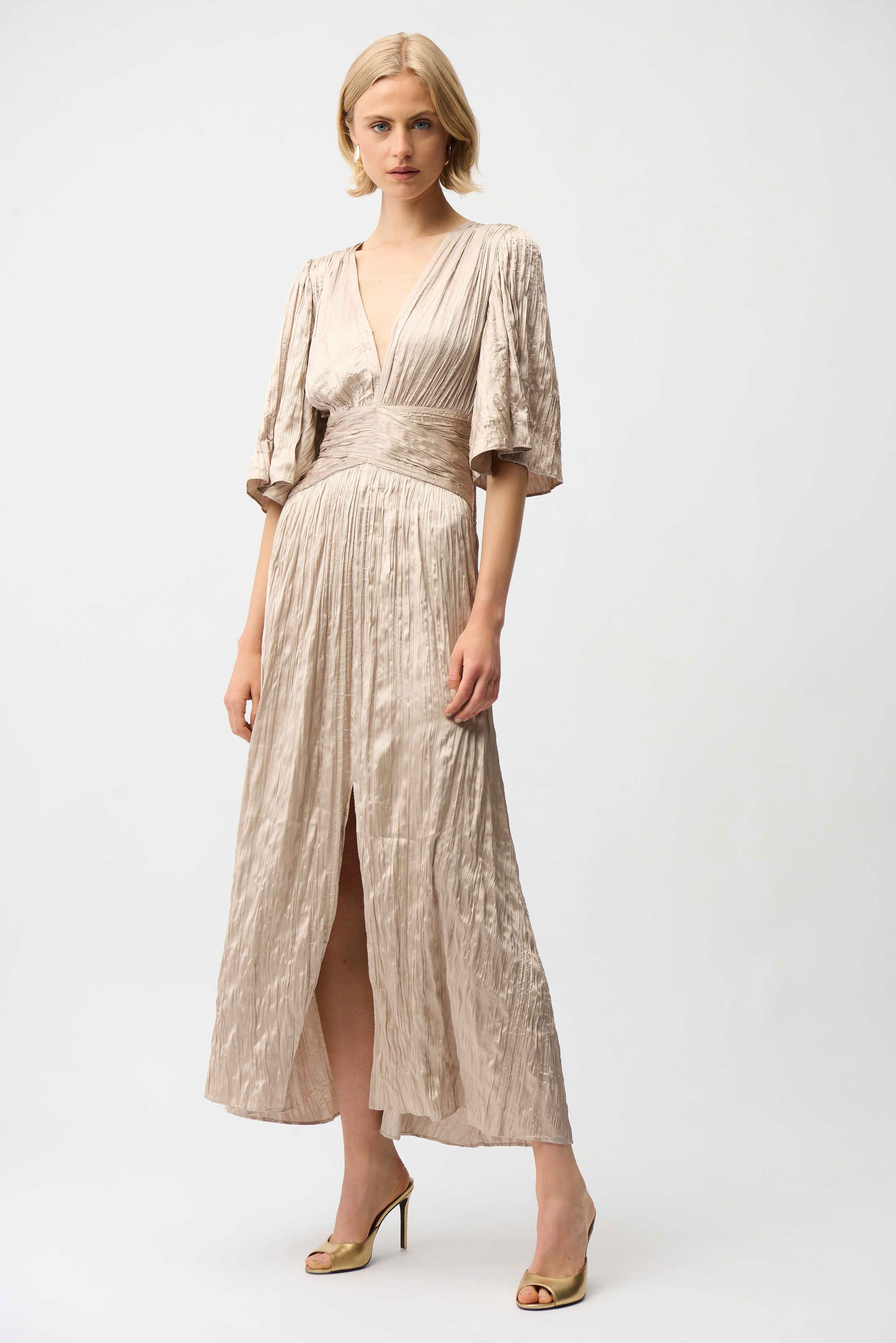 Satin Fit and Flare Pleated Dress with Knot Waist Detail