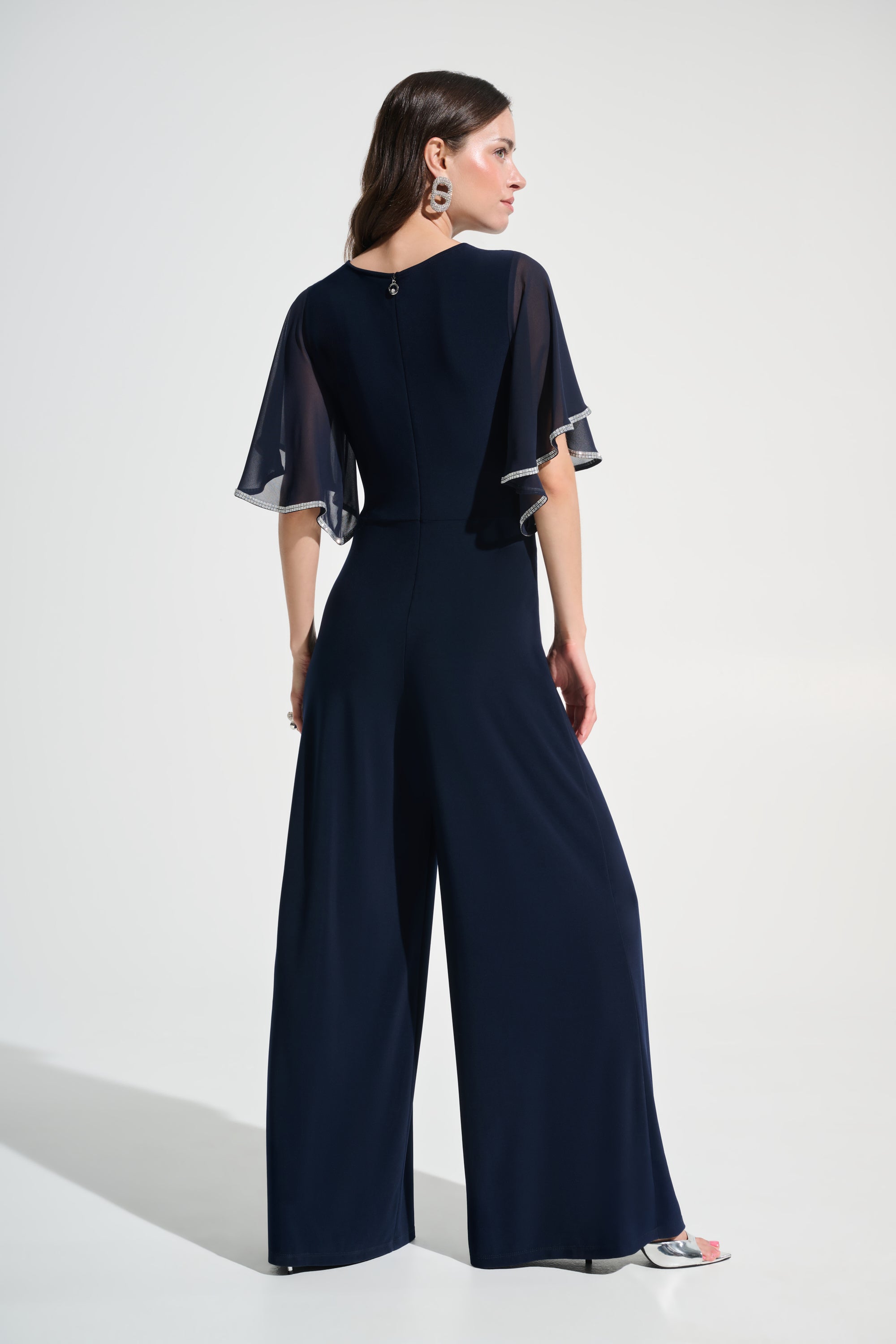 Silky Knit Wrap Wide Leg Jumpsuit With Rhinestone Trim 262716