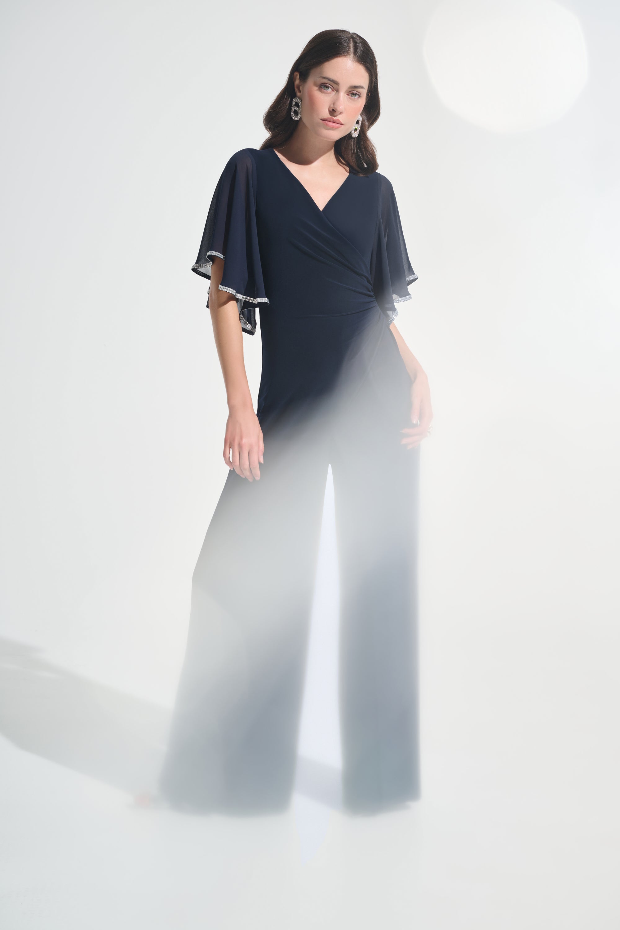 Silky Knit Wrap Wide Leg Jumpsuit With Rhinestone Trim 262716
