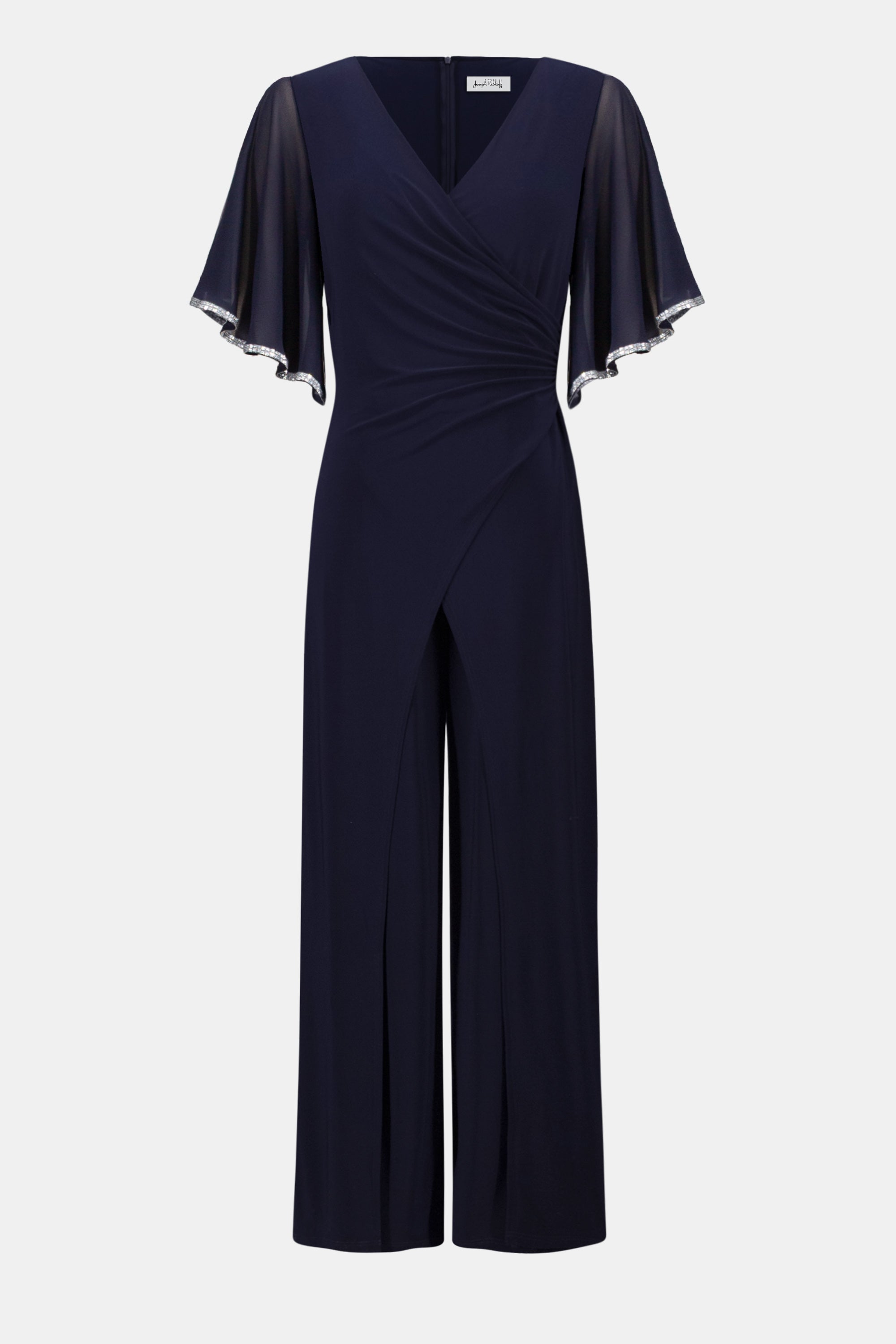 Silky Knit Wrap Wide Leg Jumpsuit With Rhinestone Trim 262716