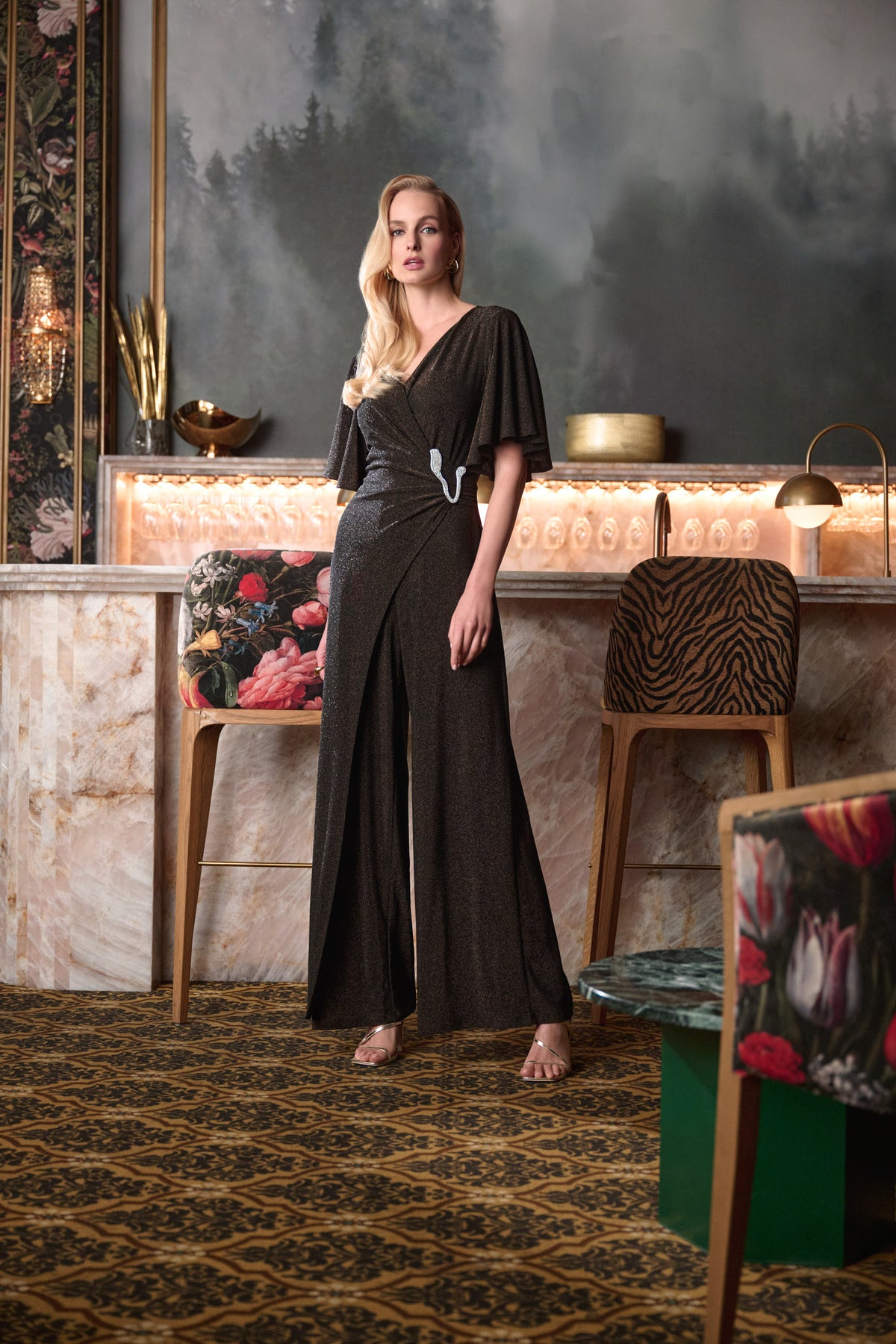 Sparkle Knit Wide Leg Wrap Jumpsuit 263717