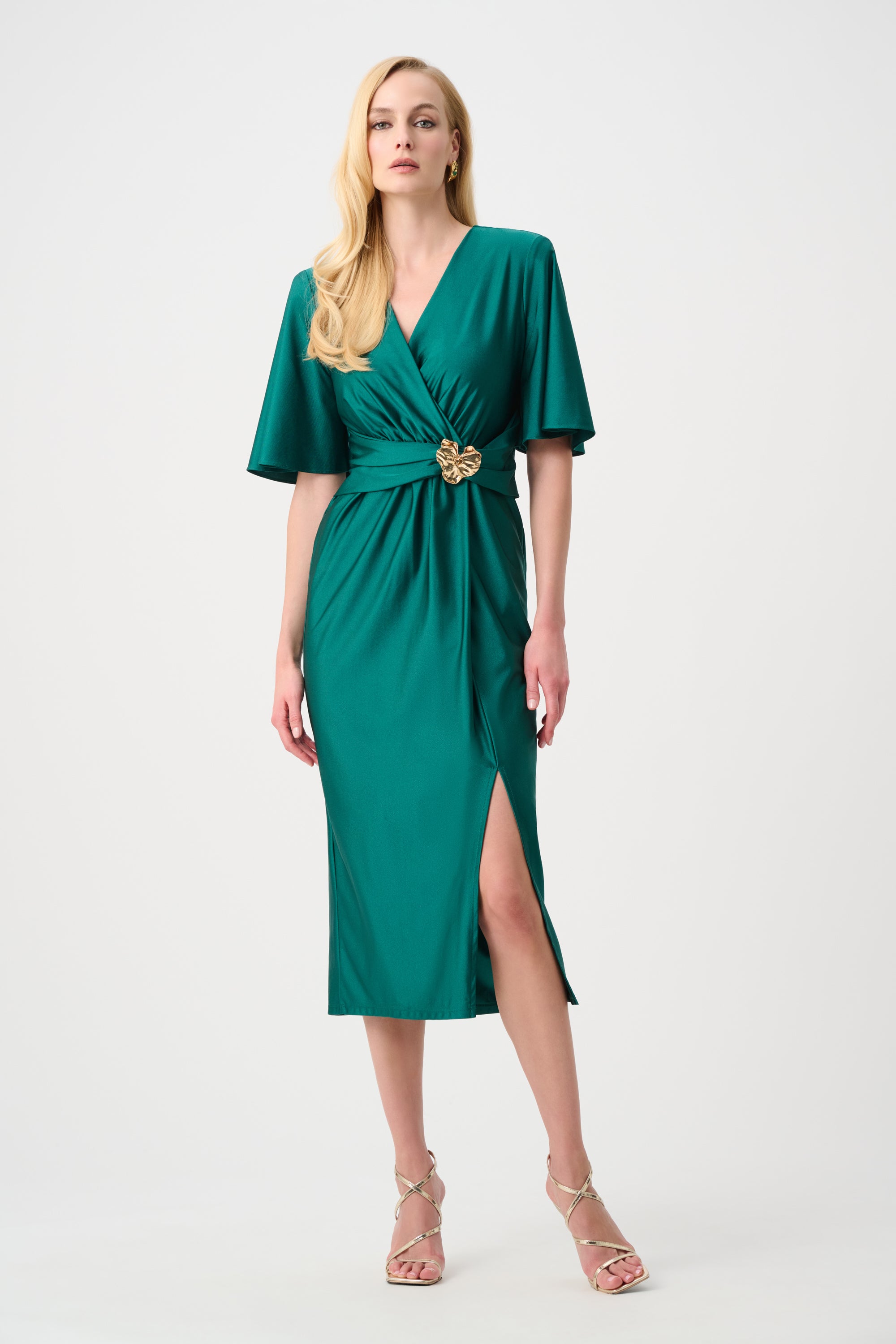 Satin Knit Wrap Dress With Ruched Waistband 263733