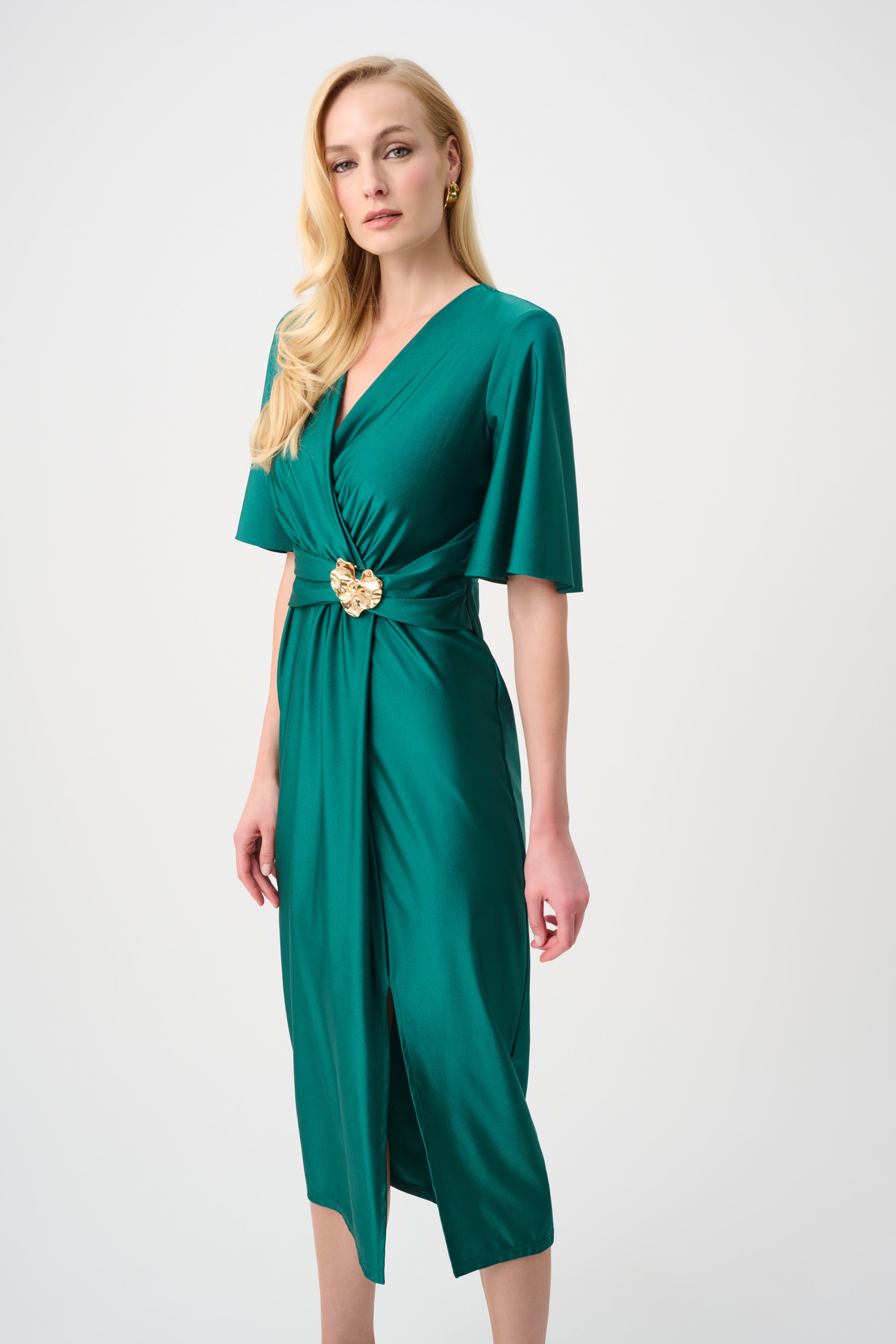 Satin Knit Wrap Dress With Ruched Waistband 263733