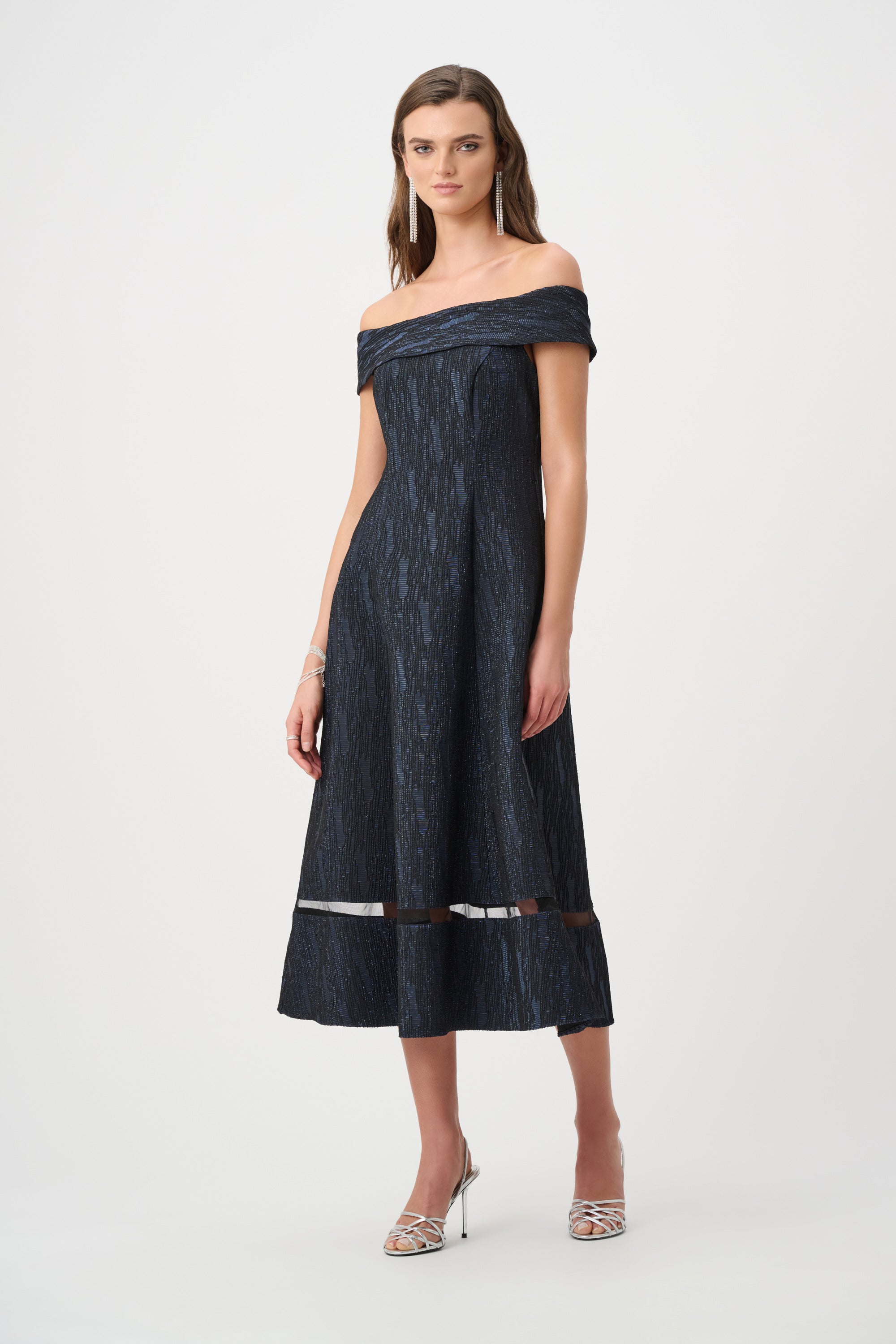 Foil-Textured Jacquard Off-Shoulder Fit and Flare Dress 263742
