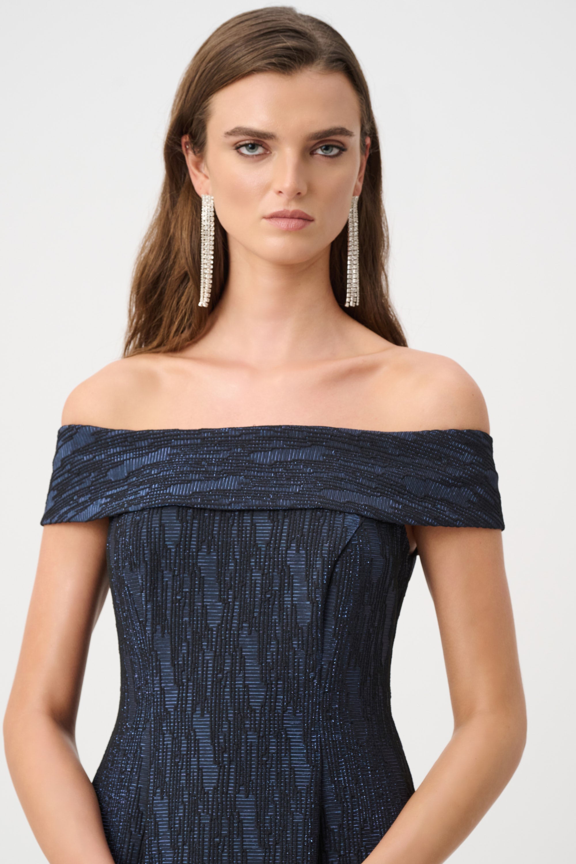 Foil-Textured Jacquard Off-Shoulder Fit and Flare Dress 263742
