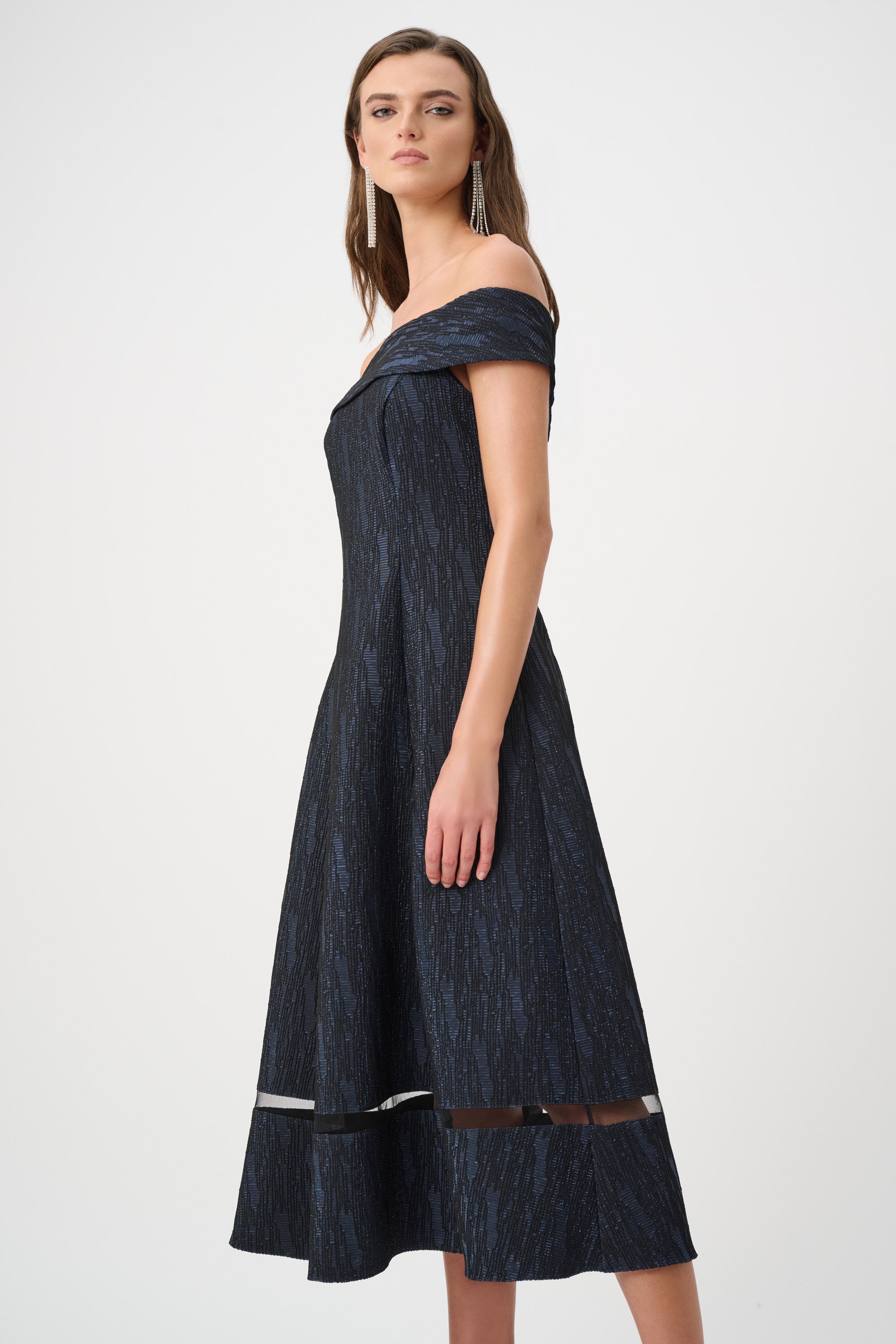 Foil-Textured Jacquard Off-Shoulder Fit and Flare Dress 263742