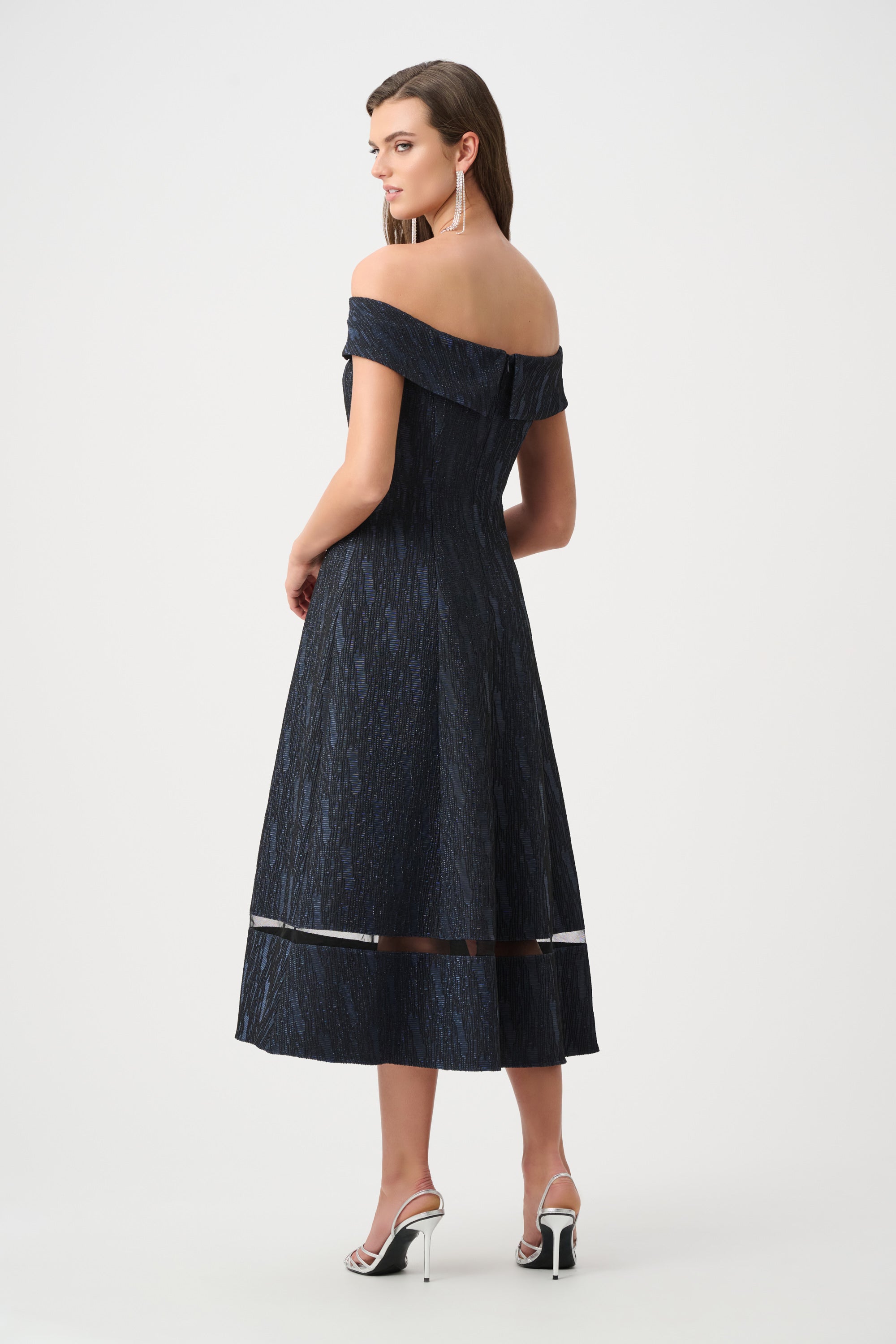 Foil-Textured Jacquard Off-Shoulder Fit and Flare Dress 263742