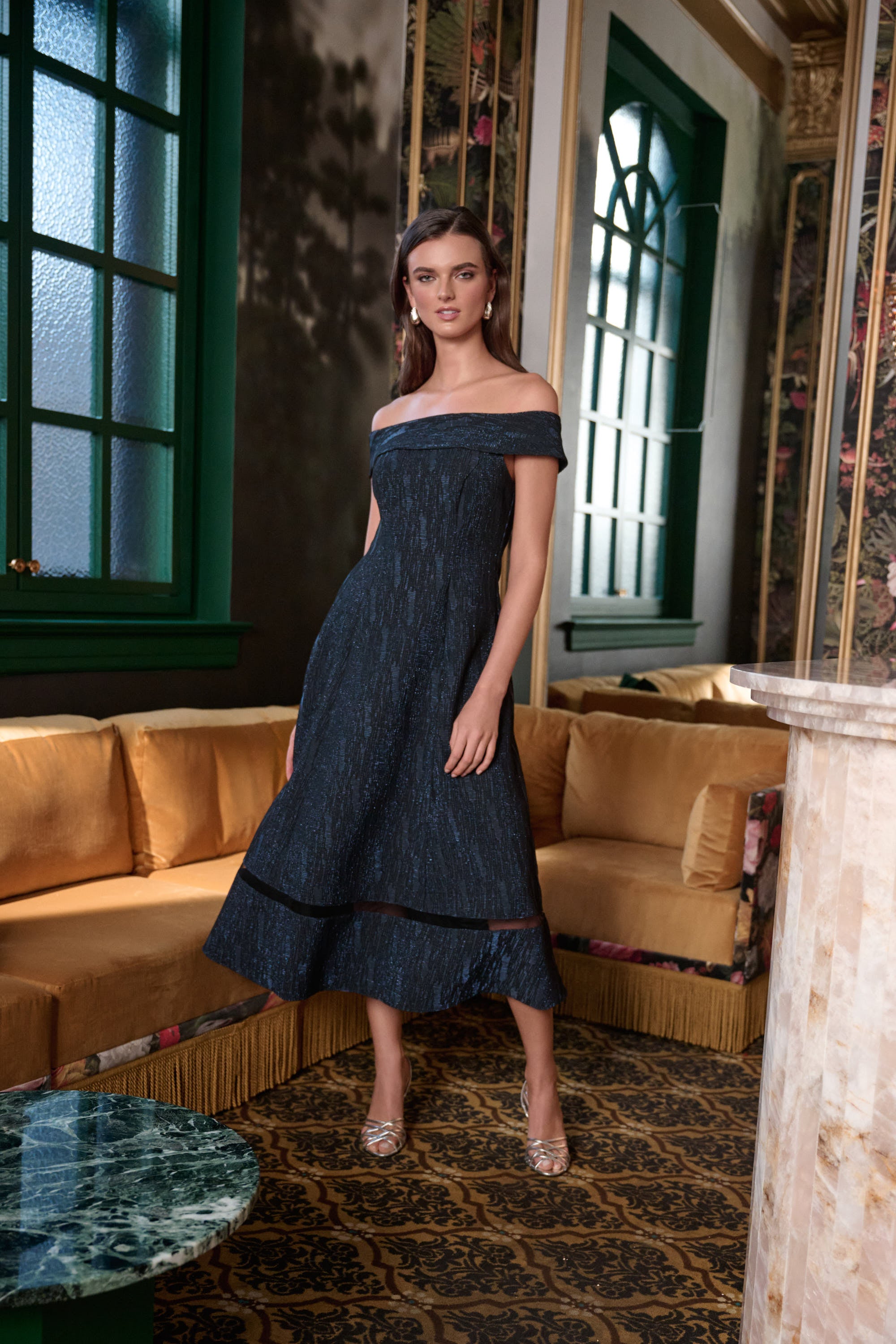 Foil-Textured Jacquard Off-Shoulder Fit and Flare Dress 263742