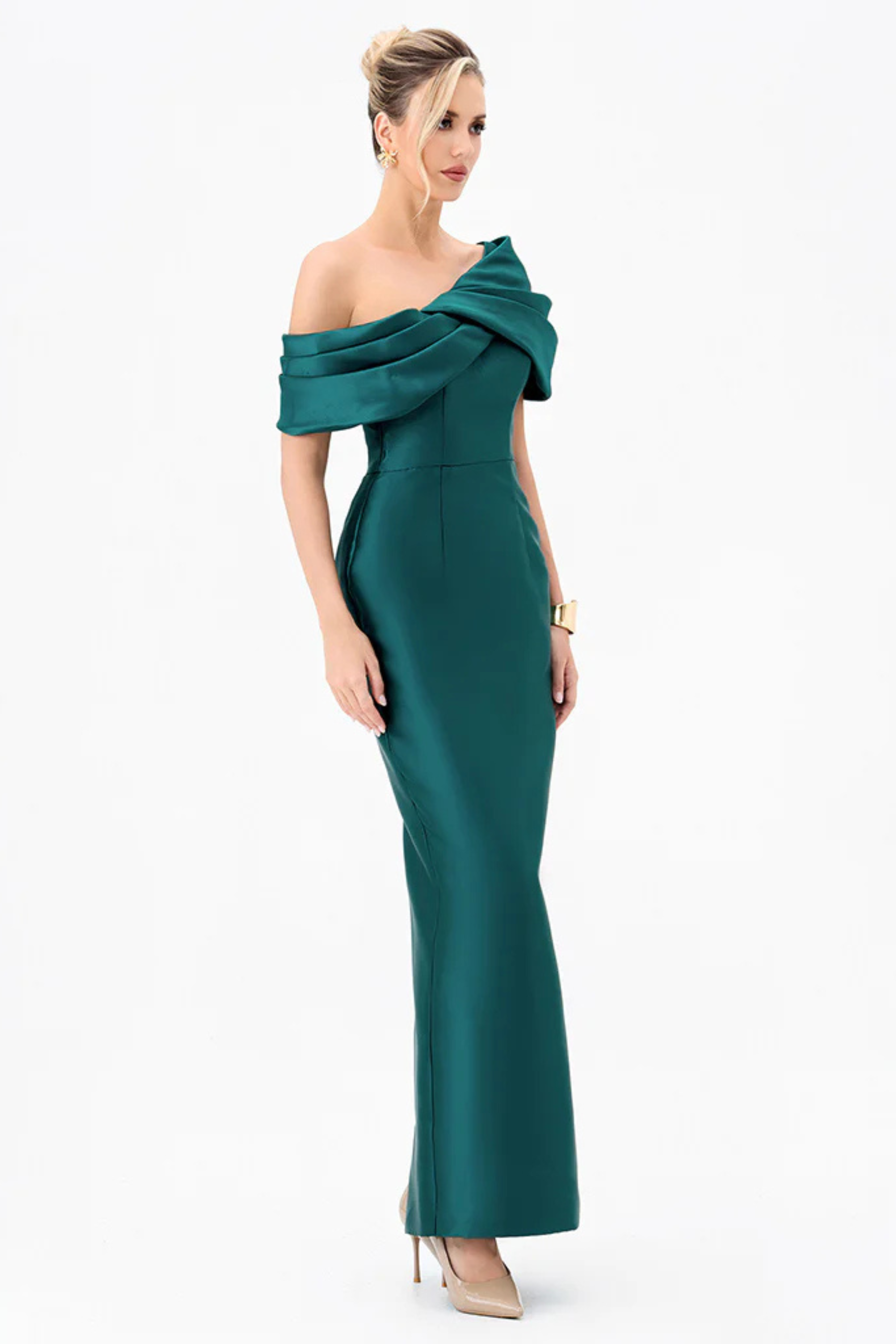 Weiss Asymmetric Off Shoulder Gown