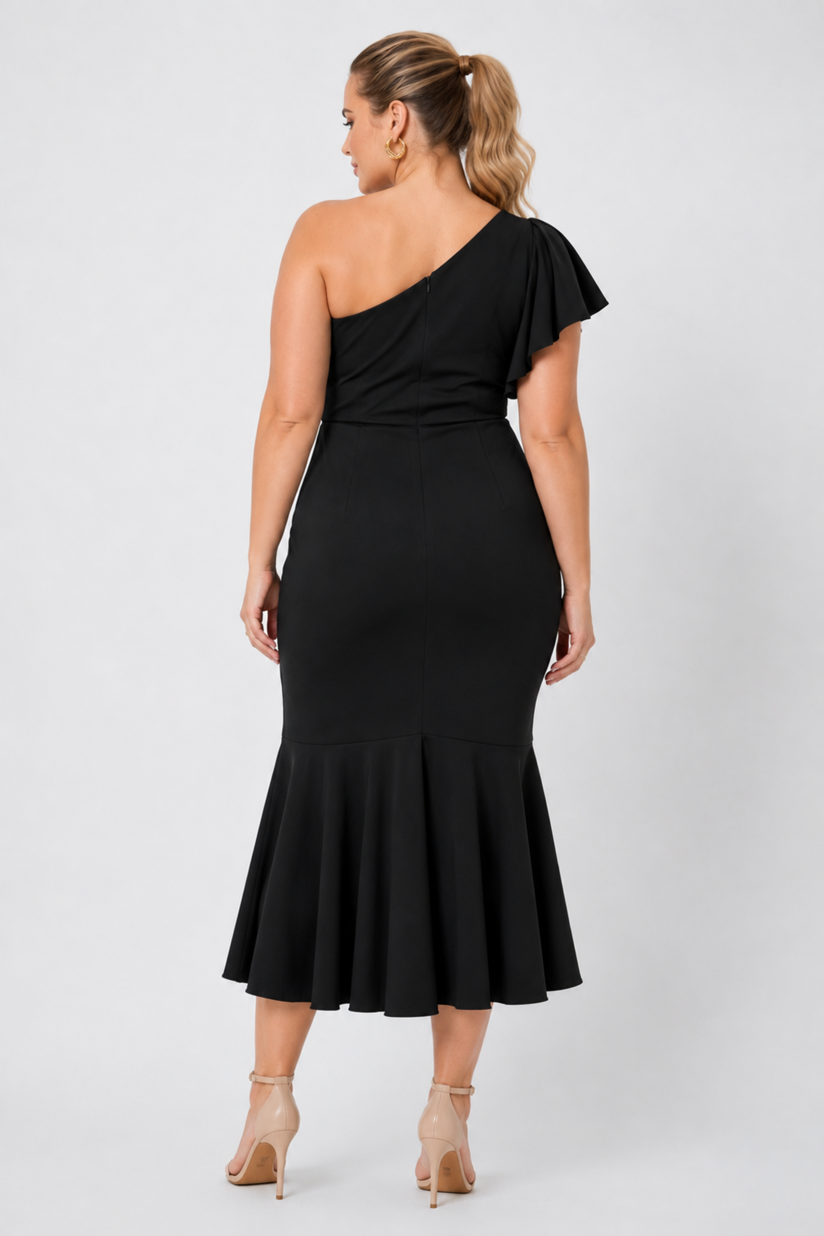 Oaklyn One Shoulder Ruffle Midi Dress