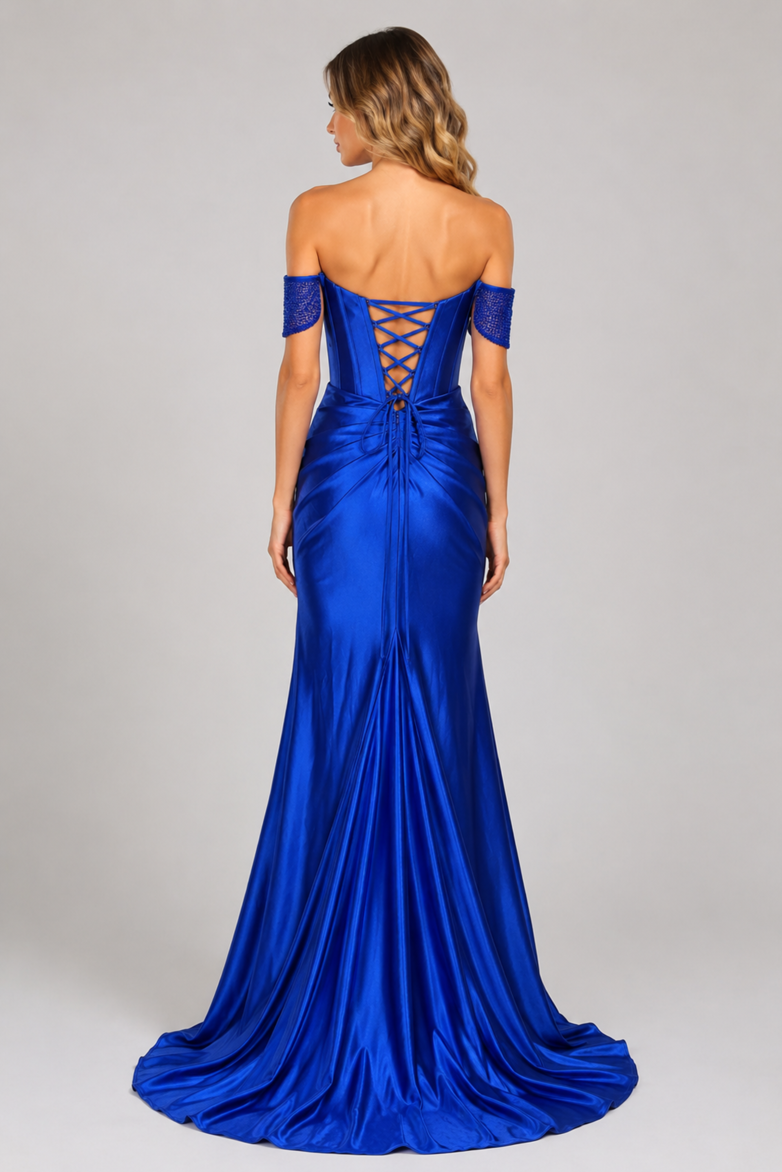 Off-Shoulder Beaded Satin Gown