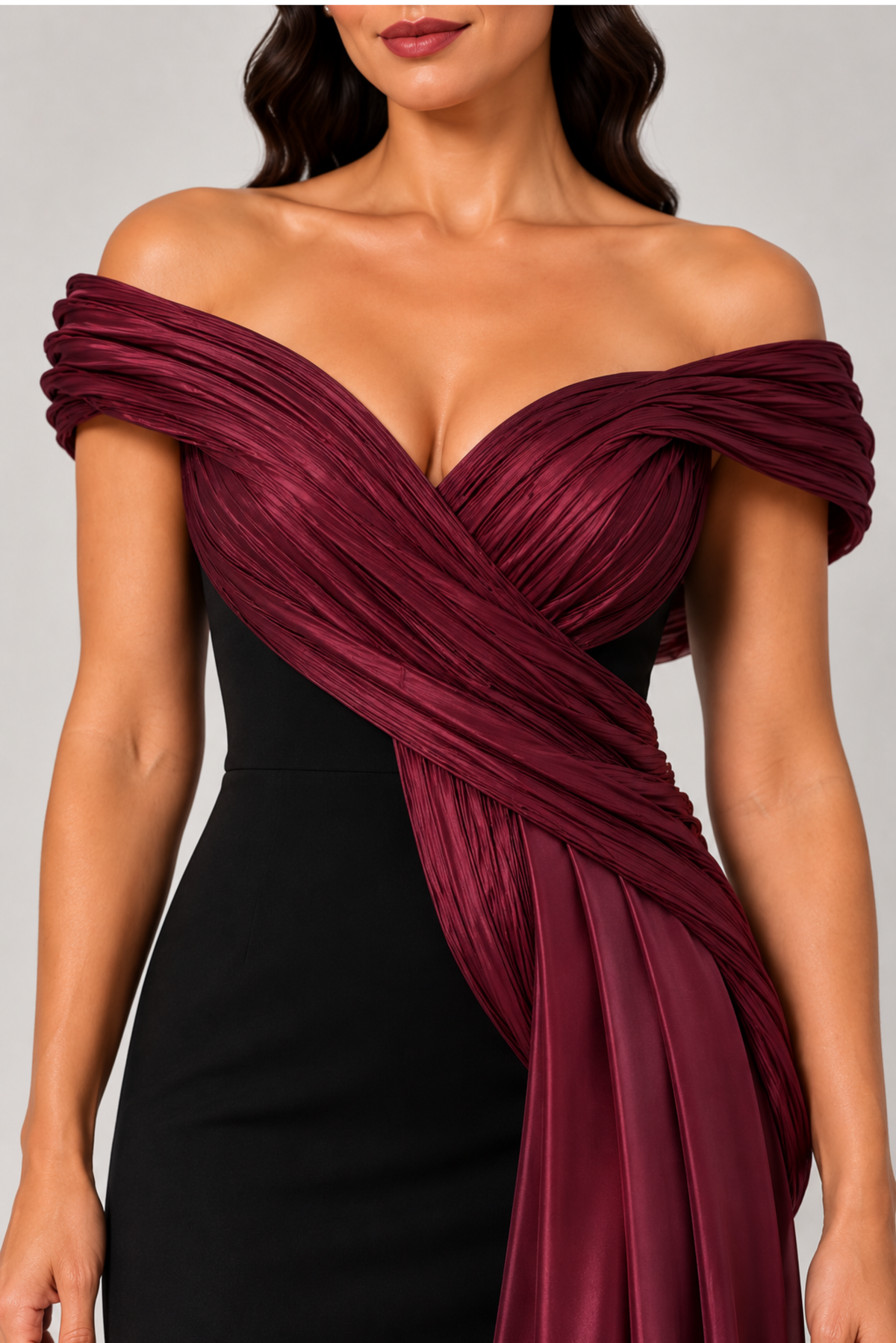 Liquid Satin Drape Off Shoulder Gown 1117