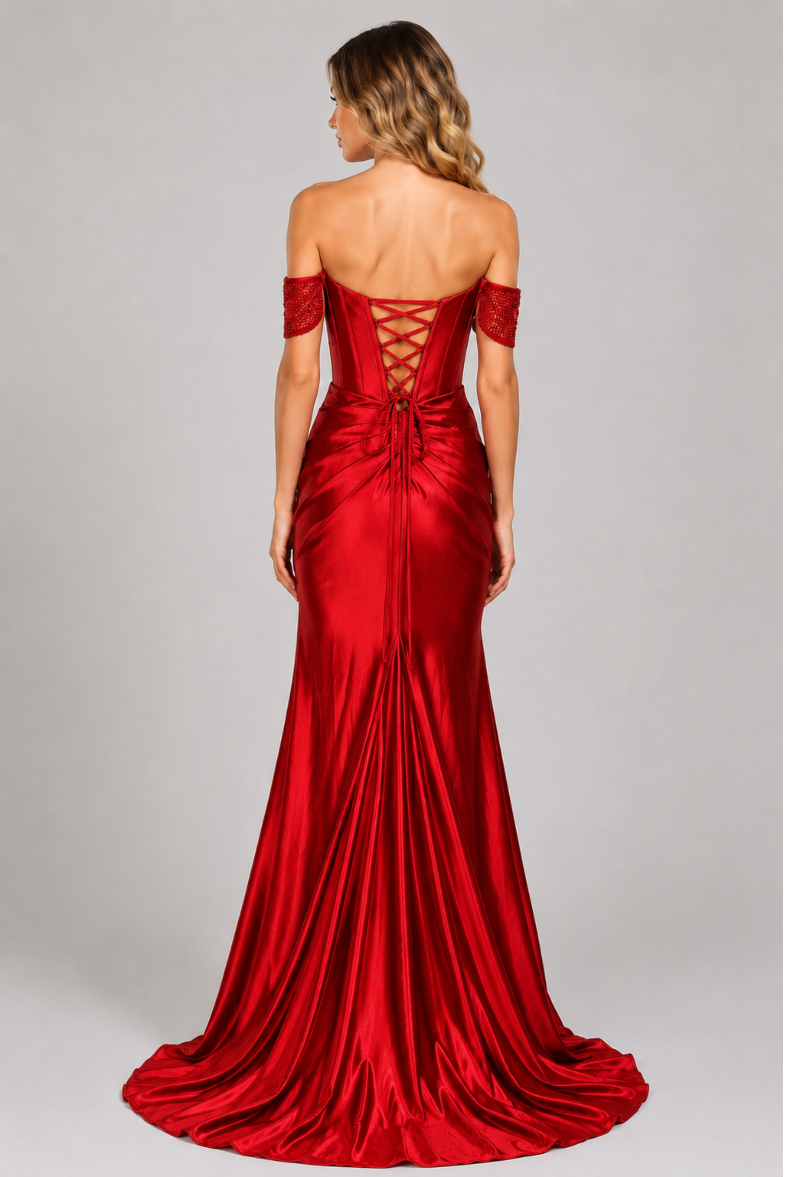 Off-Shoulder Beaded Satin Gown