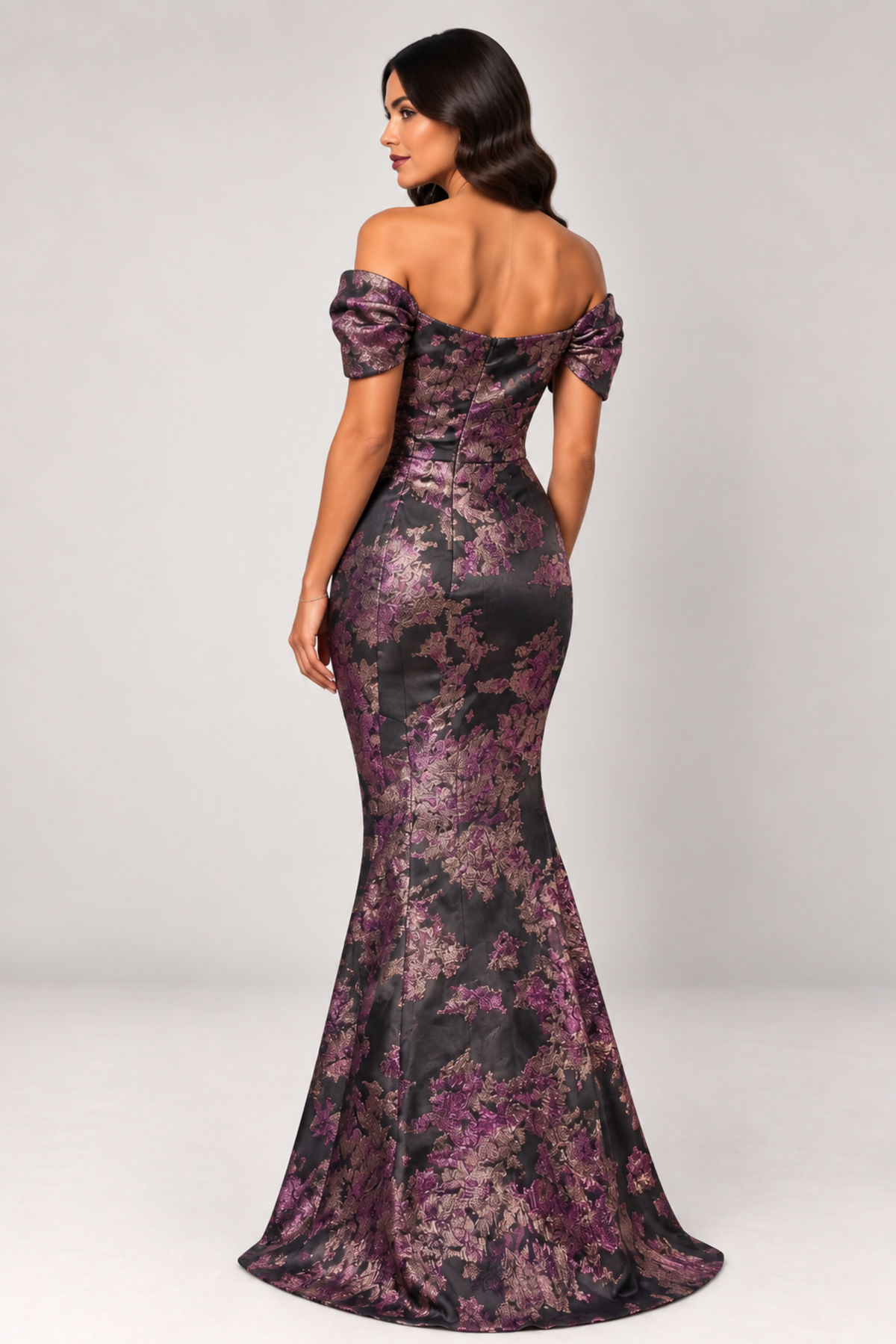 Off Shoulder Metallic Brocade Gown 1517