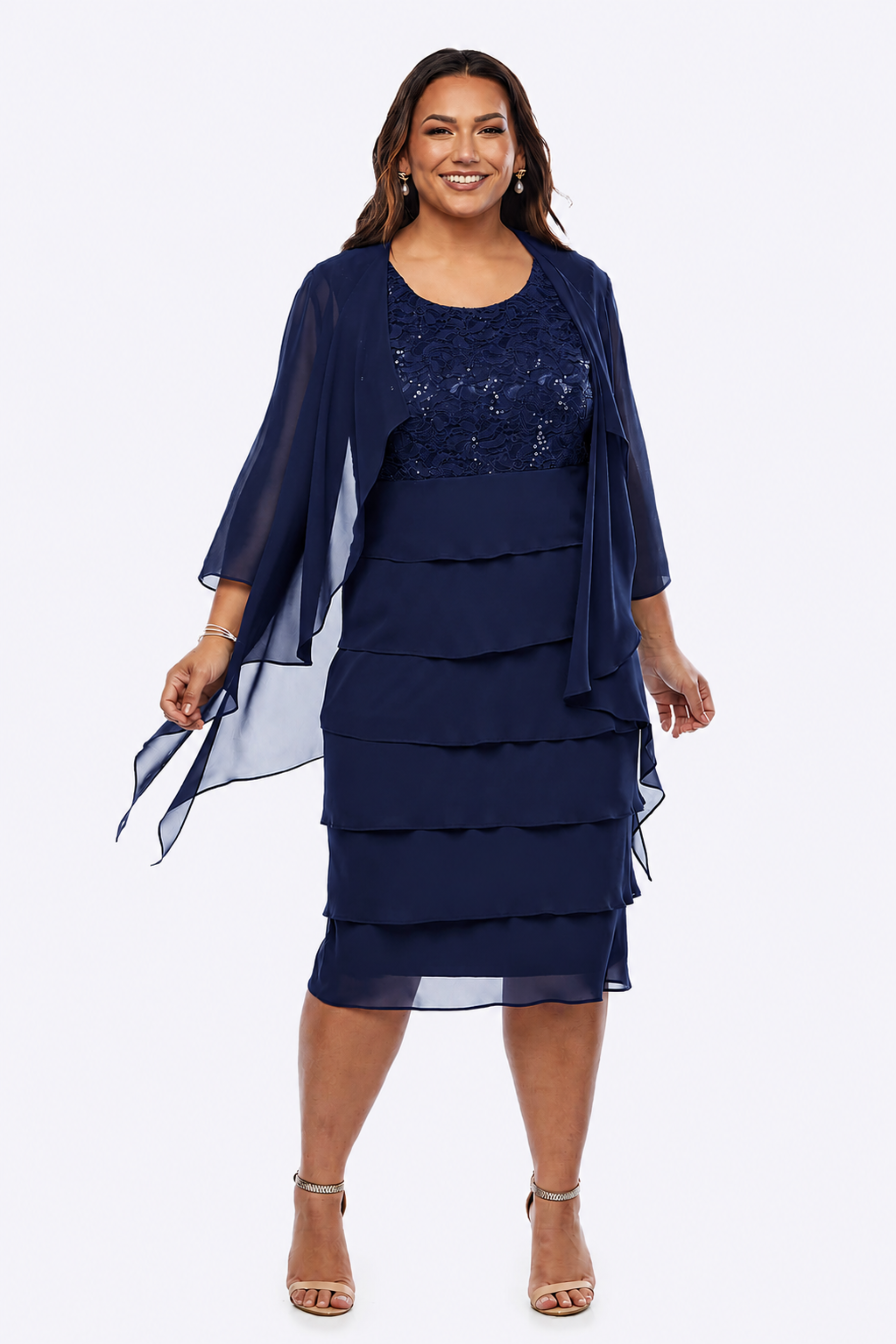 Stretch Sequin Lace Layered Dress with Chiffon Jacket LJ0467