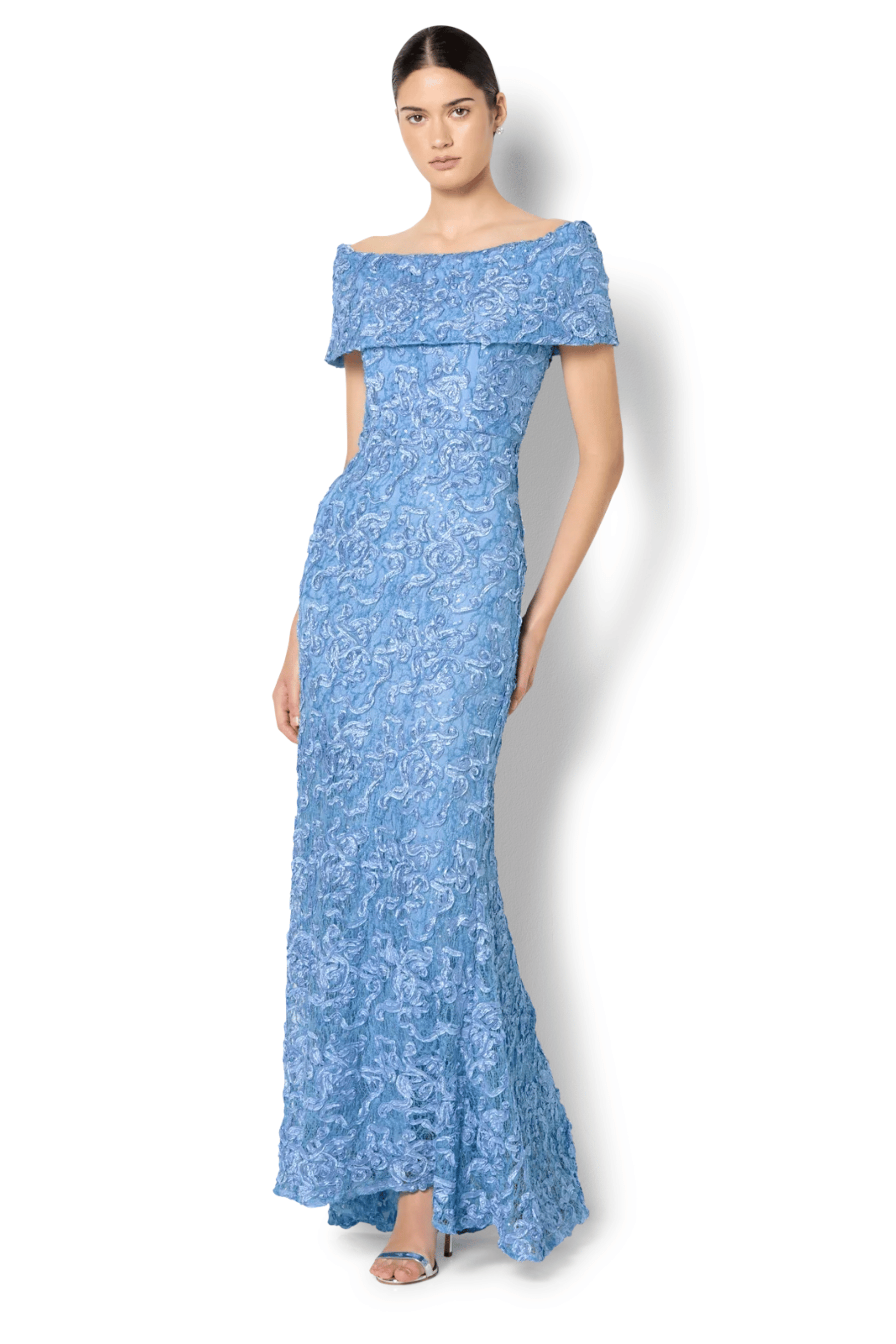 Emerson Off Shoulder Gown in Sky Blue
