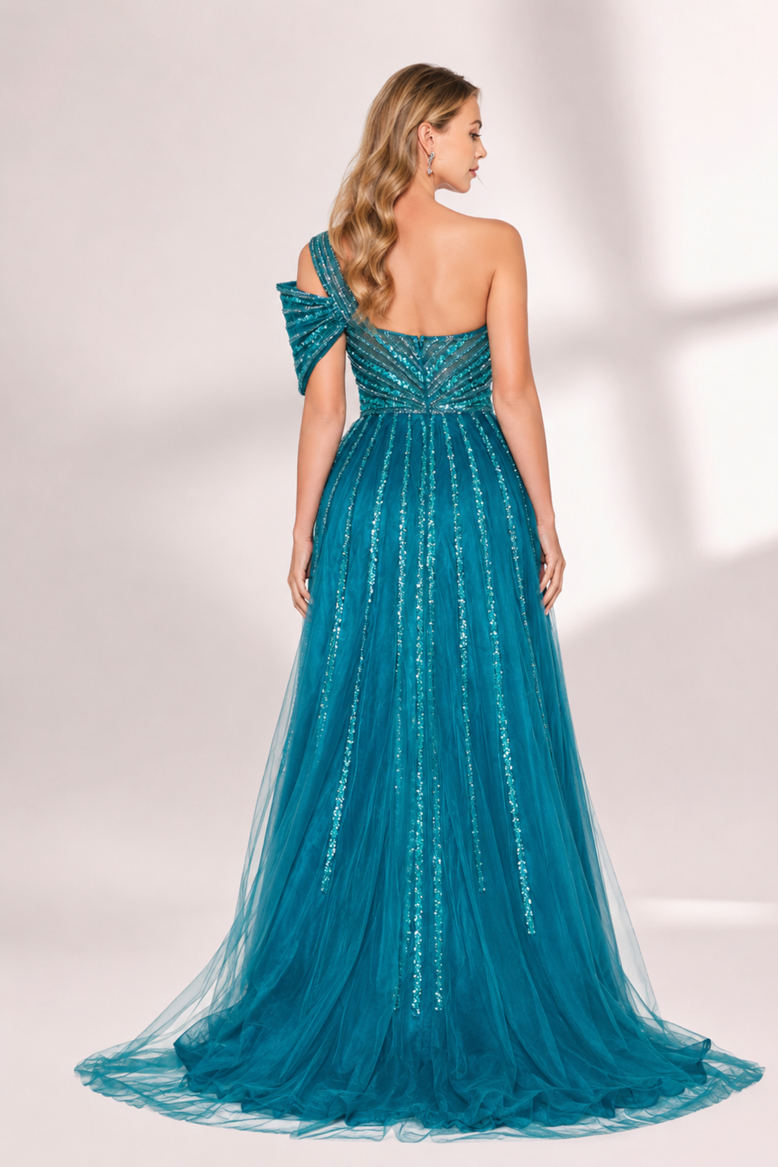 One-Shoulder Sequin Tulle Mermaid Gown