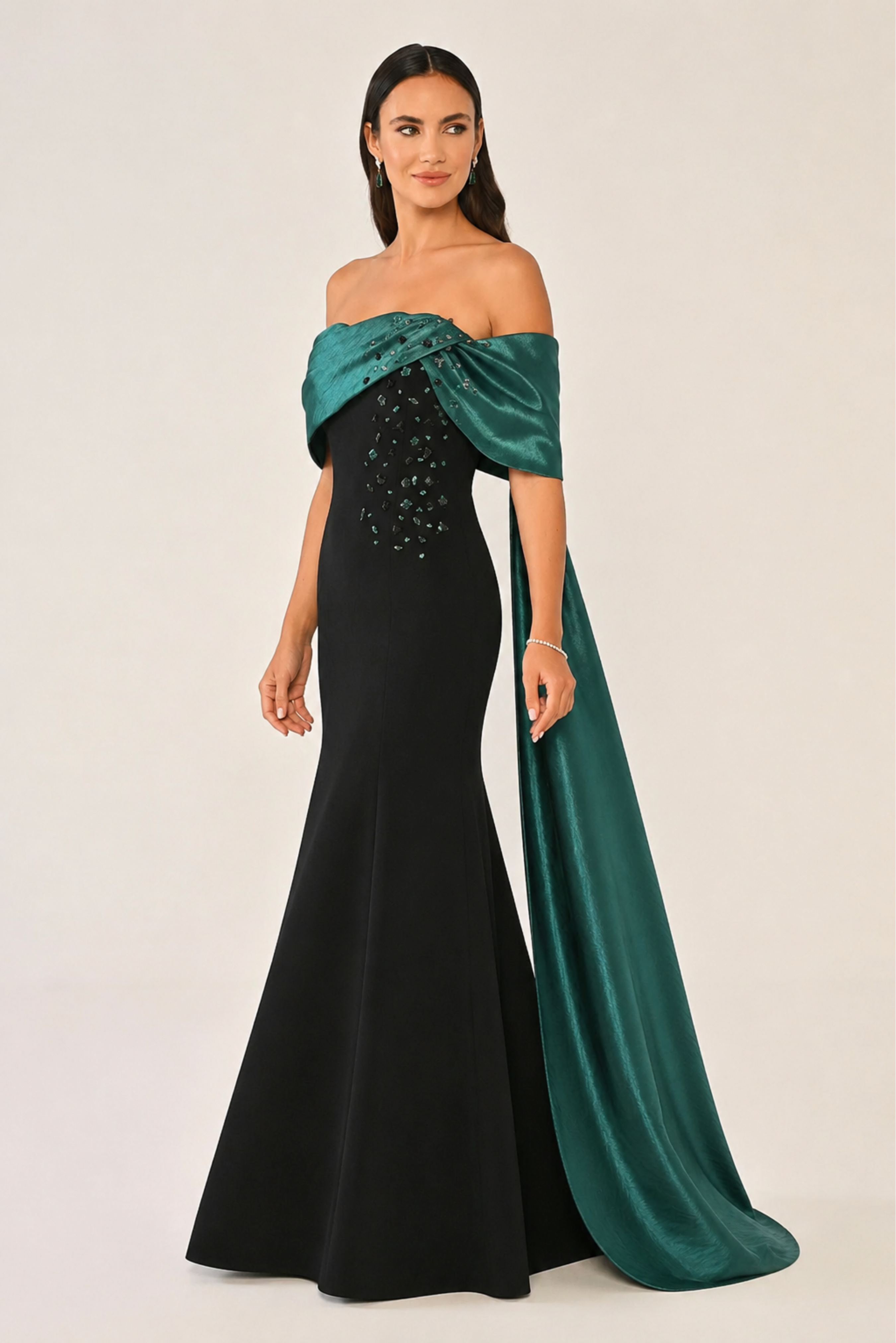 Off Shoulder Crystal Embellished Gown with Train 6926