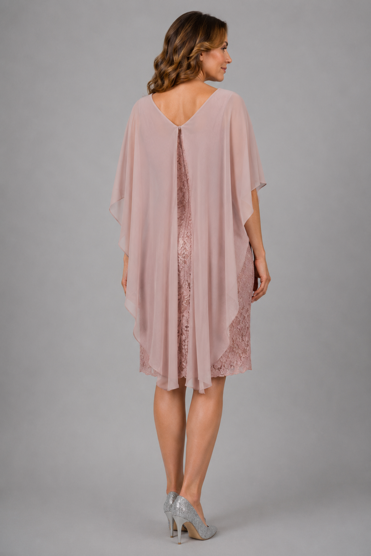 Lace Dress With A Chiffon Cascading Cape 217605