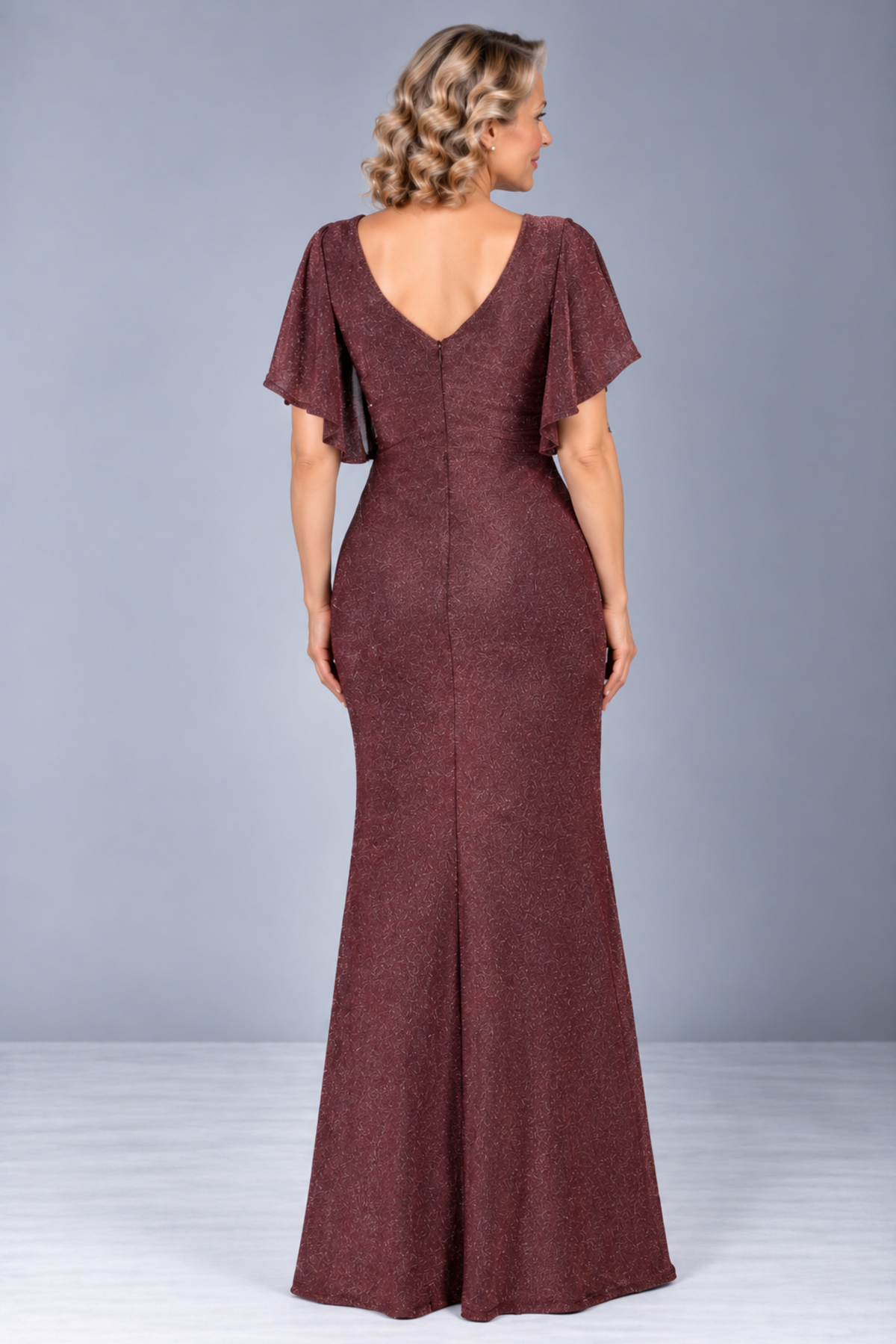 Flutter Sleeve Glitter Jersey Gown 222463