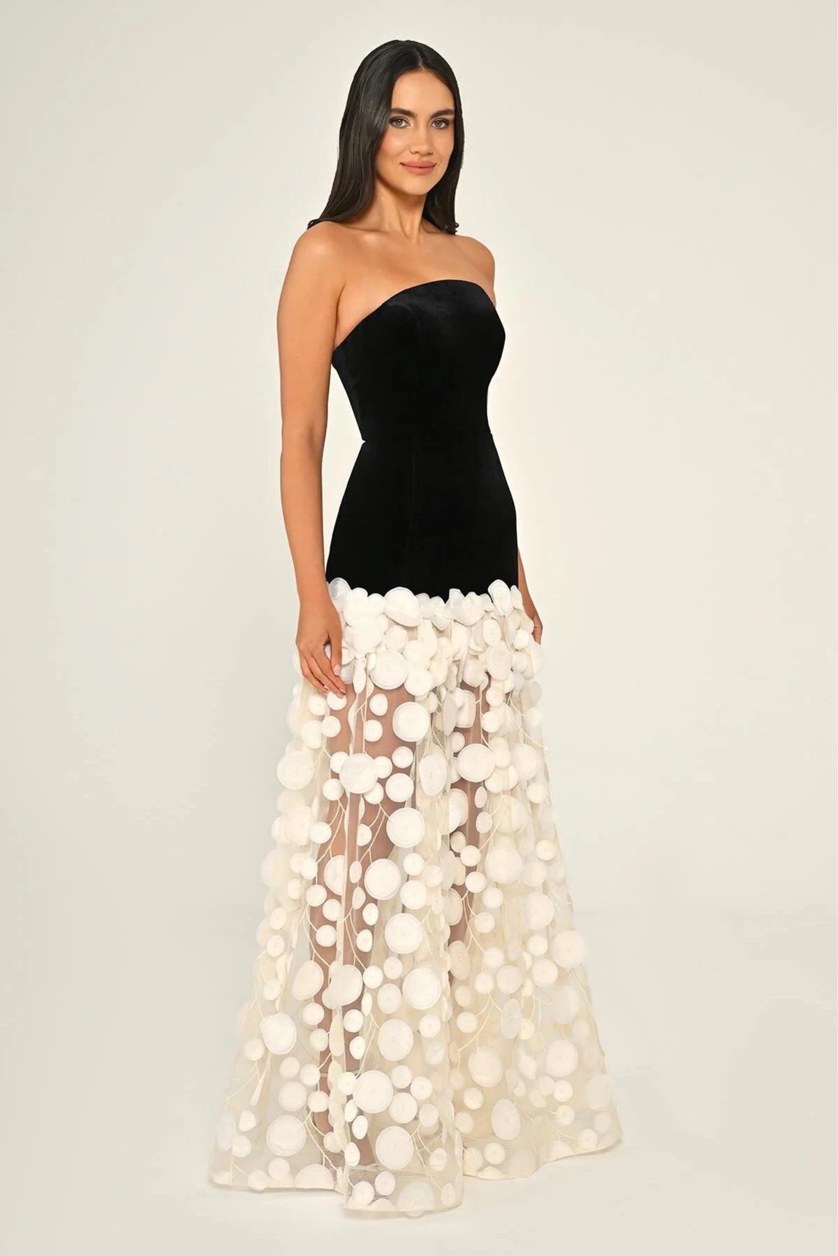 Strapless Two-Tone 3D Lace Gown 7067
