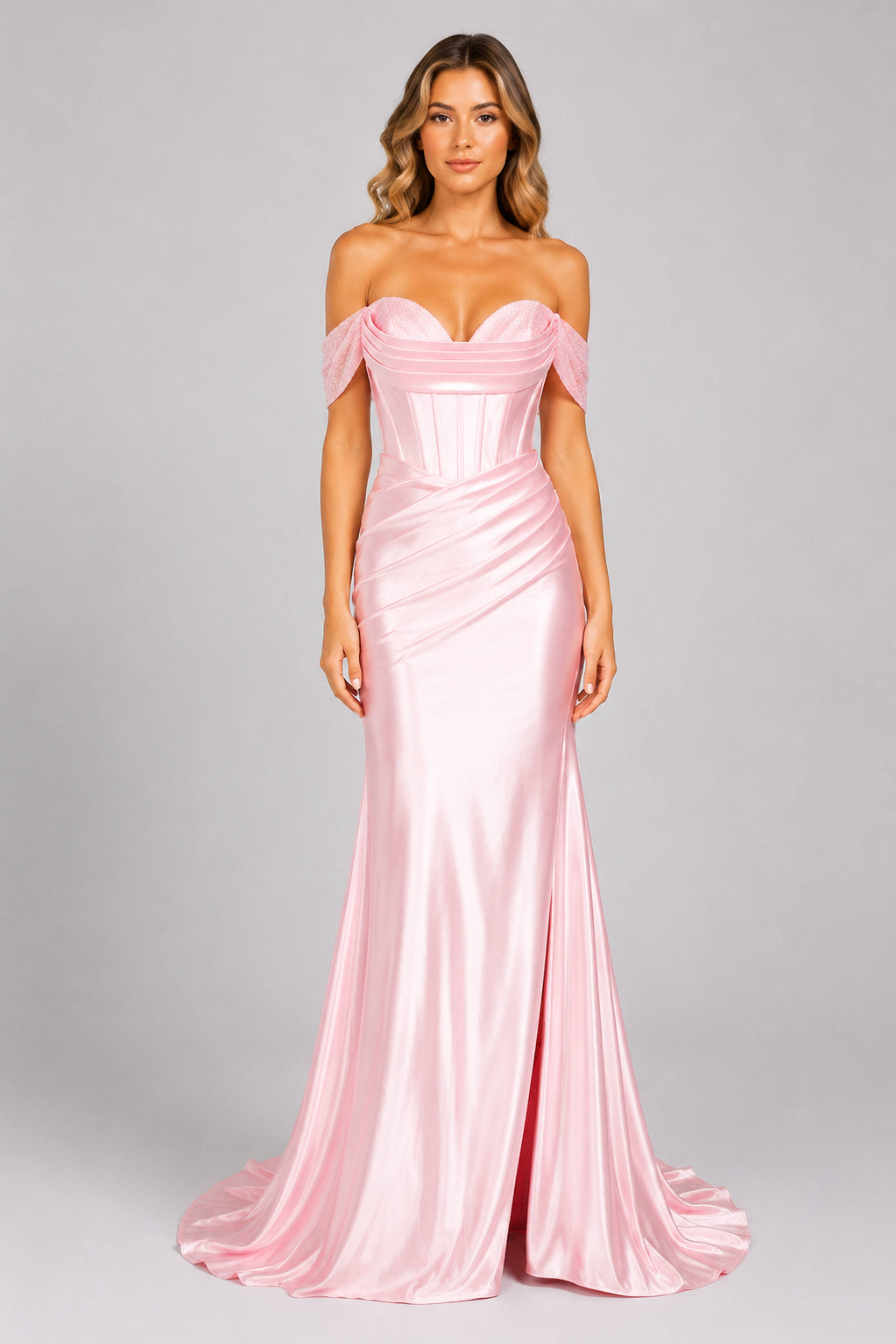 Off-Shoulder Beaded Satin Gown