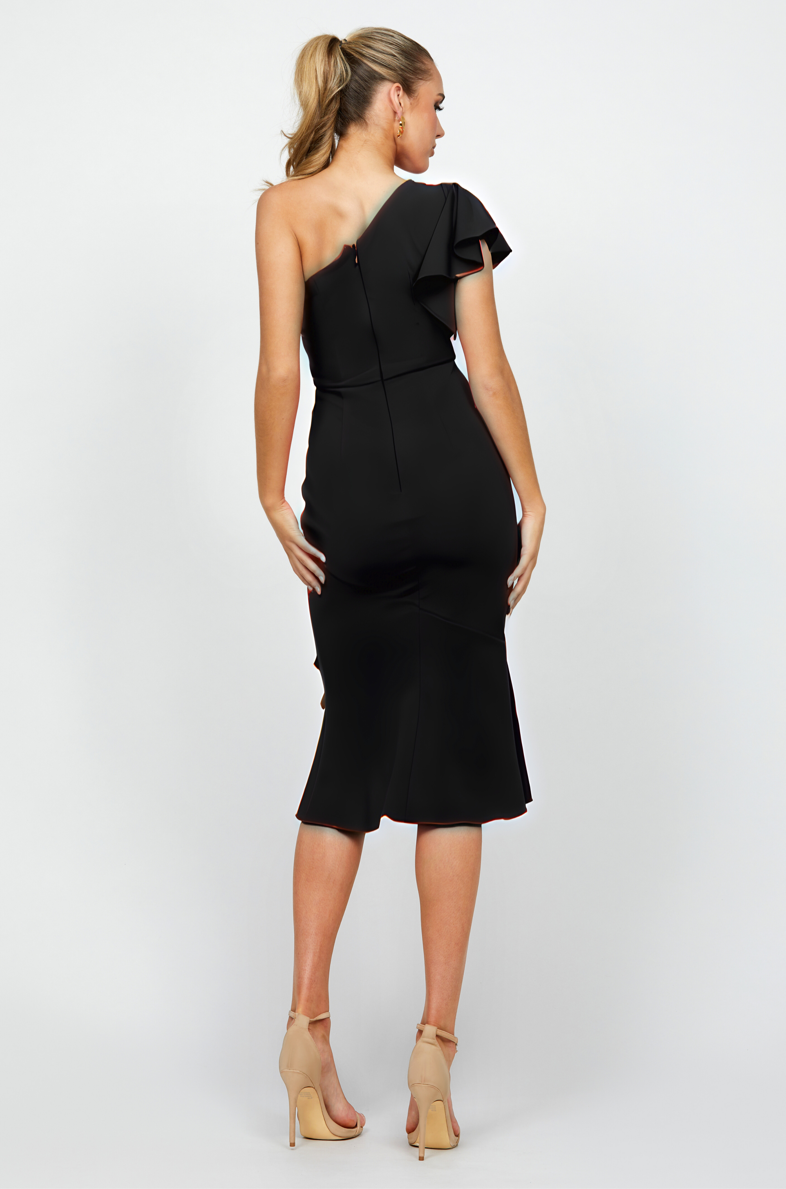 Oaklyn One Shoulder Ruffle Midi Dress