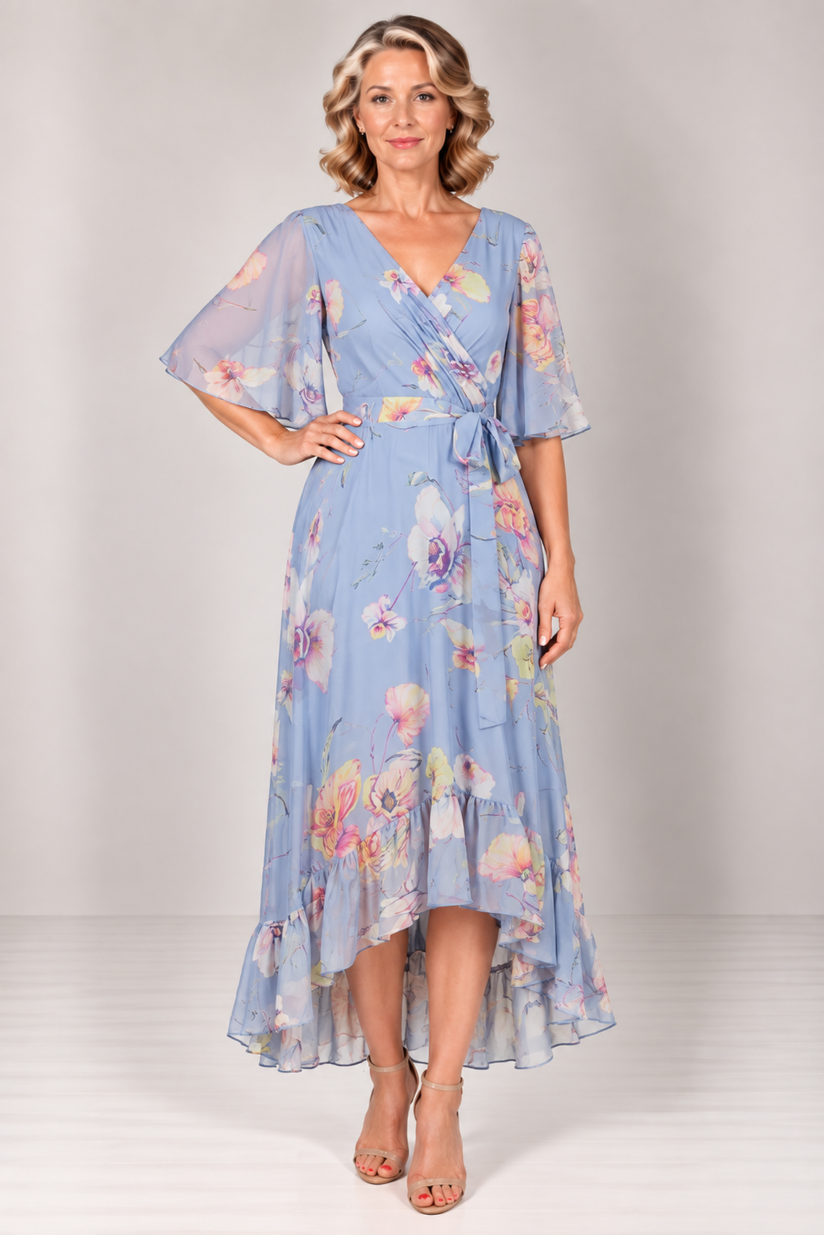 Wrap Hi-Lo Pleated Midi Dress 223439