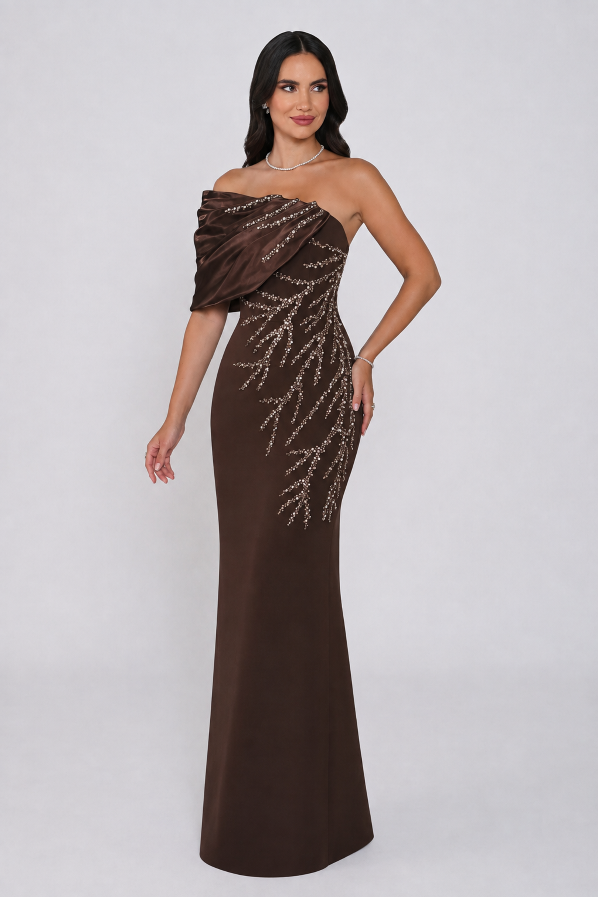 One Shoulder Crystal Embellished Gown 7455