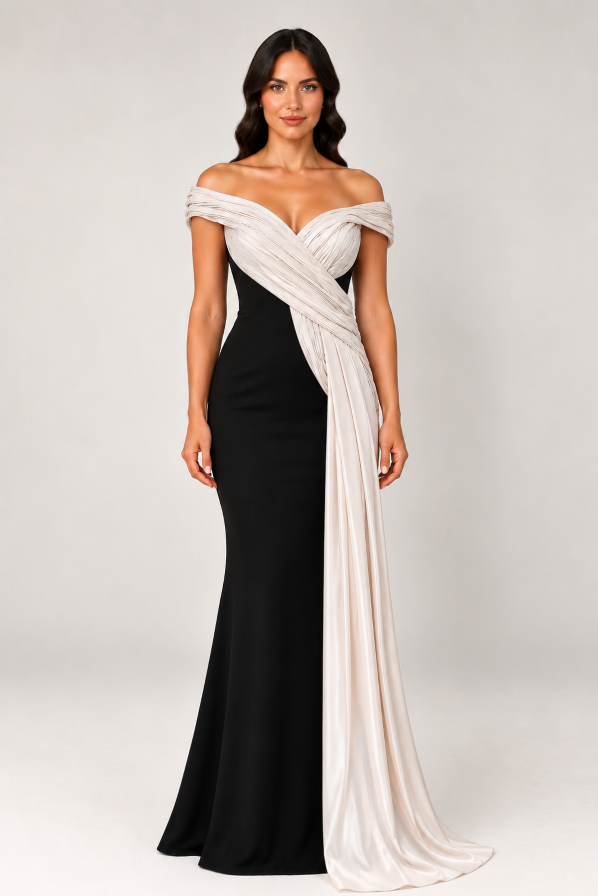 Liquid Satin Drape Off Shoulder Gown 1117