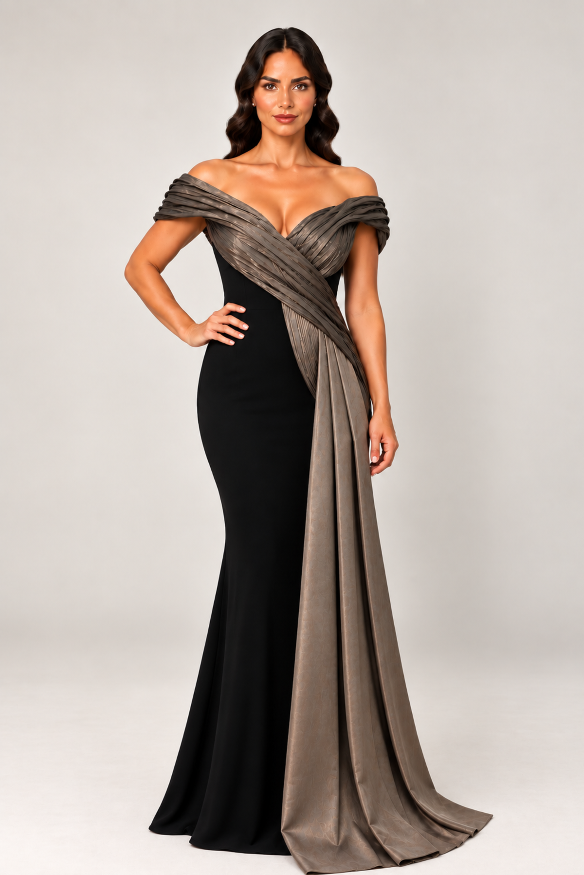 Liquid Satin Drape Off Shoulder Gown 1117