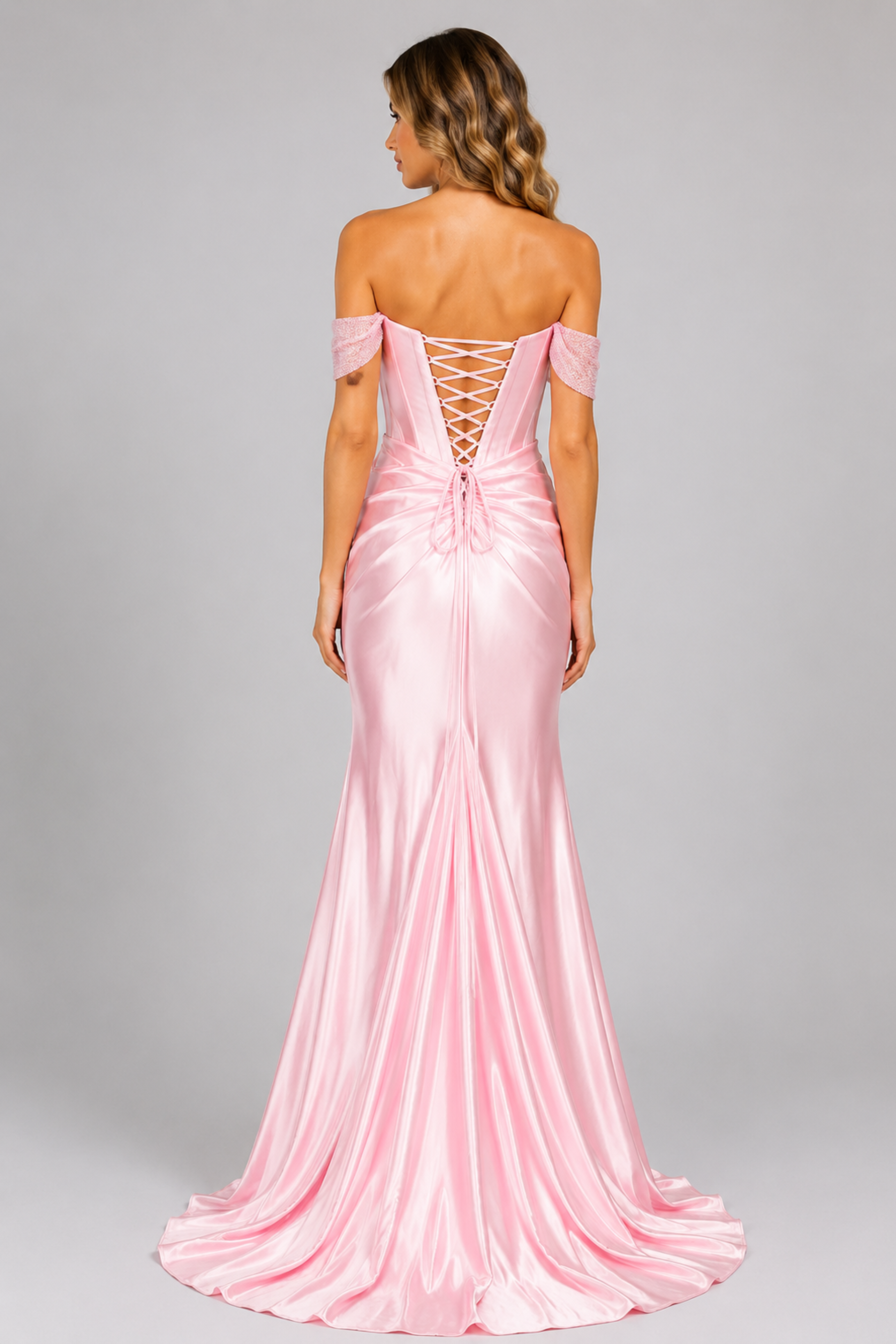 Off-Shoulder Beaded Satin Gown
