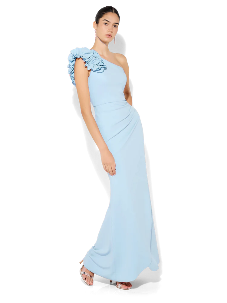 Amelia One Shoulder Ruffle Gown in Sky Blue