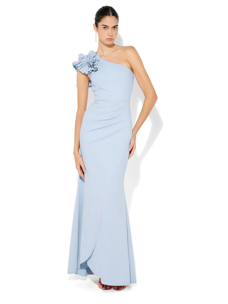 Amelia One Shoulder Ruffle Gown in Sky Blue