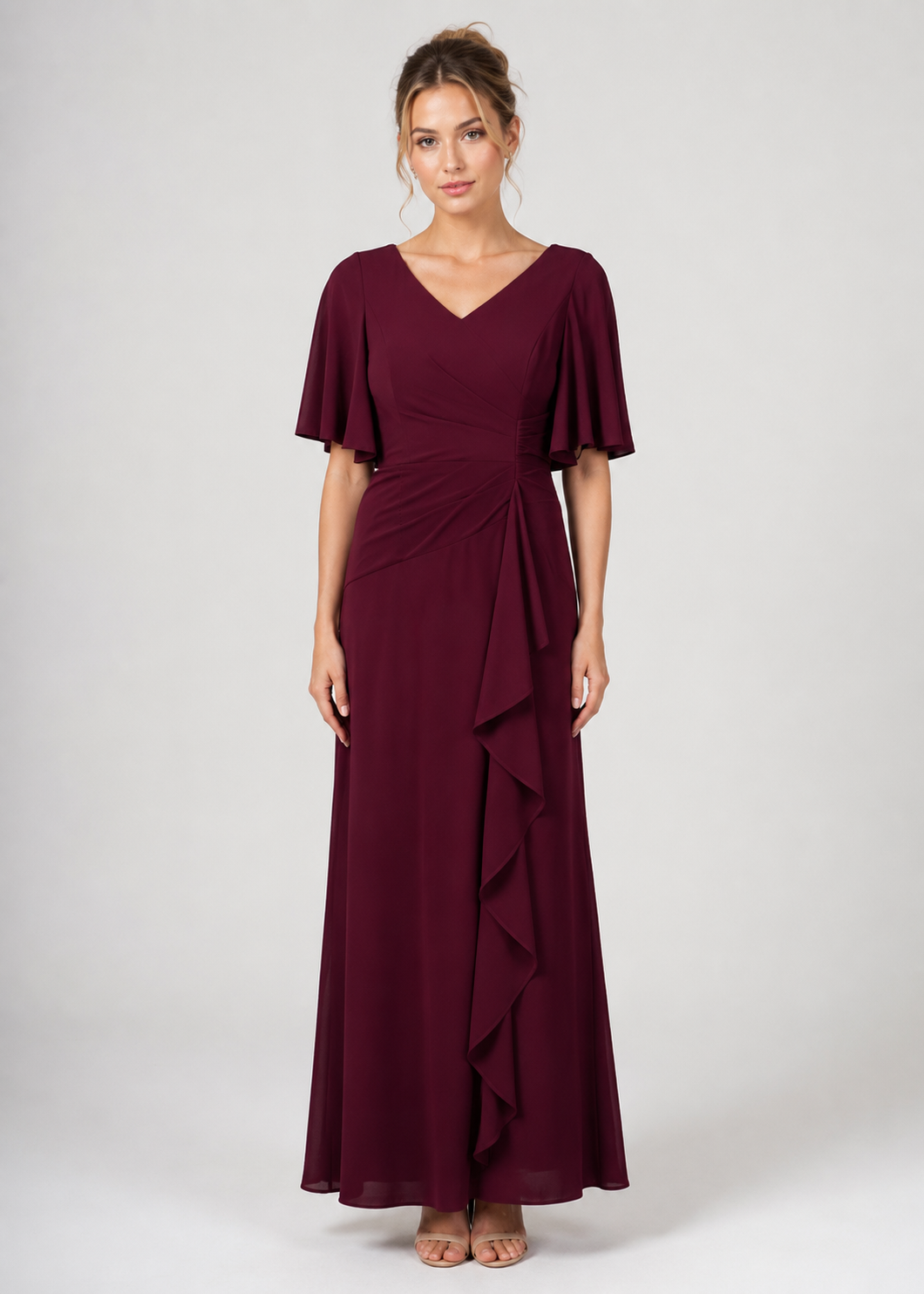 Flutter Sleeve Jersey Ruffle Maxi Dress 225456
