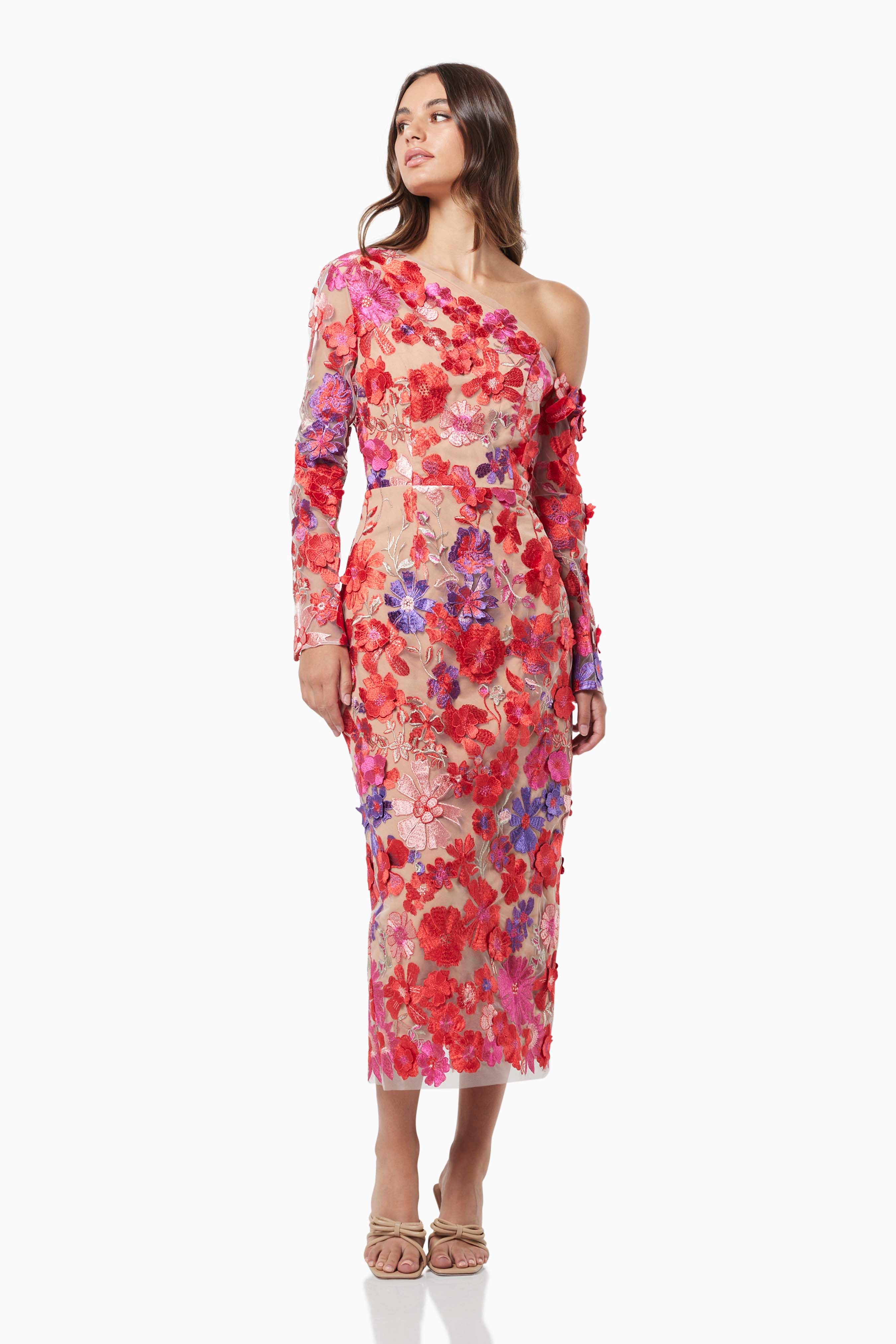 Elliatt Midi Electric Dress In Red/Nude Elliatt Midi Electric Dress In Red/Nude