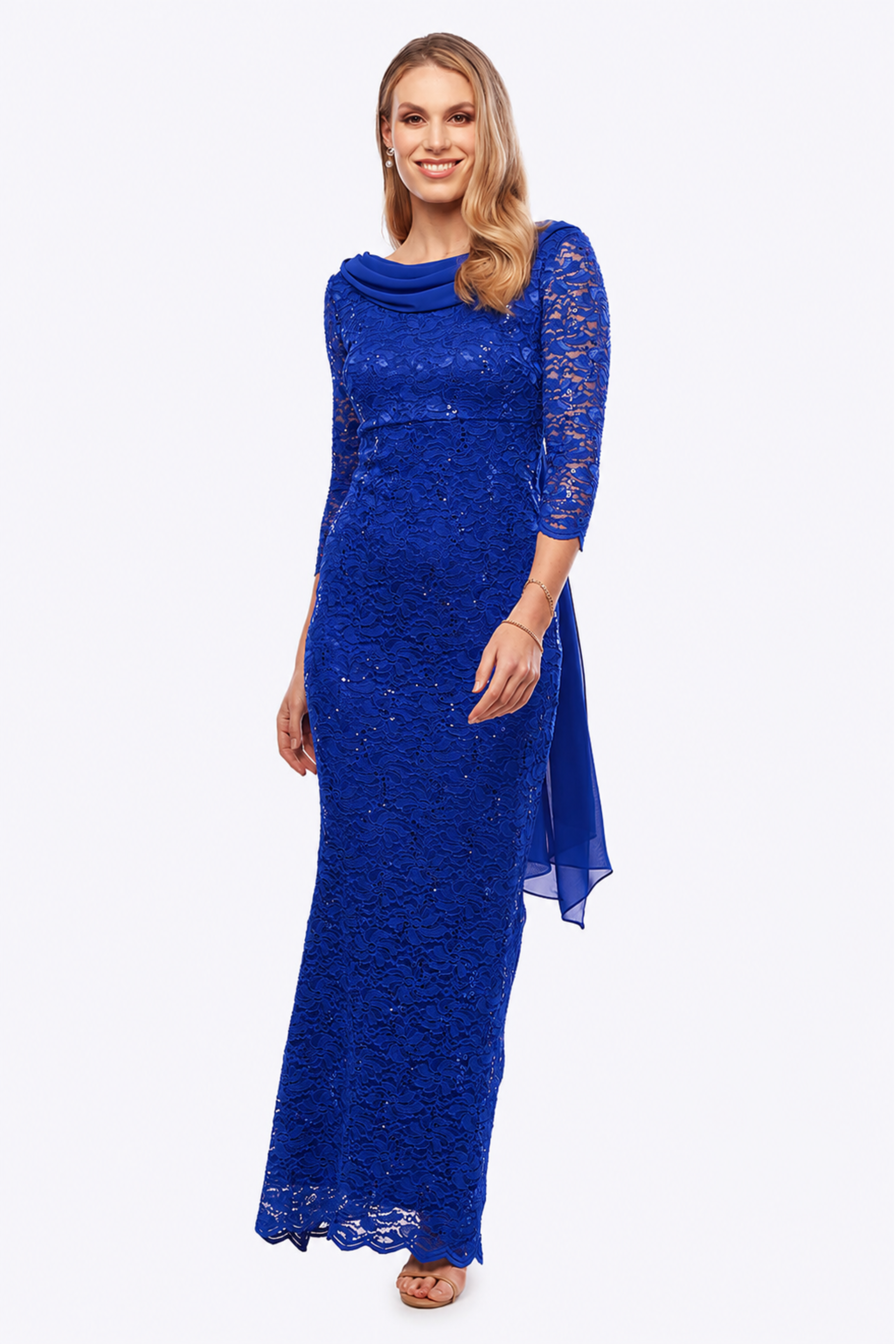 Sequin Gown with Chiffon Cowl and Drape JH0575