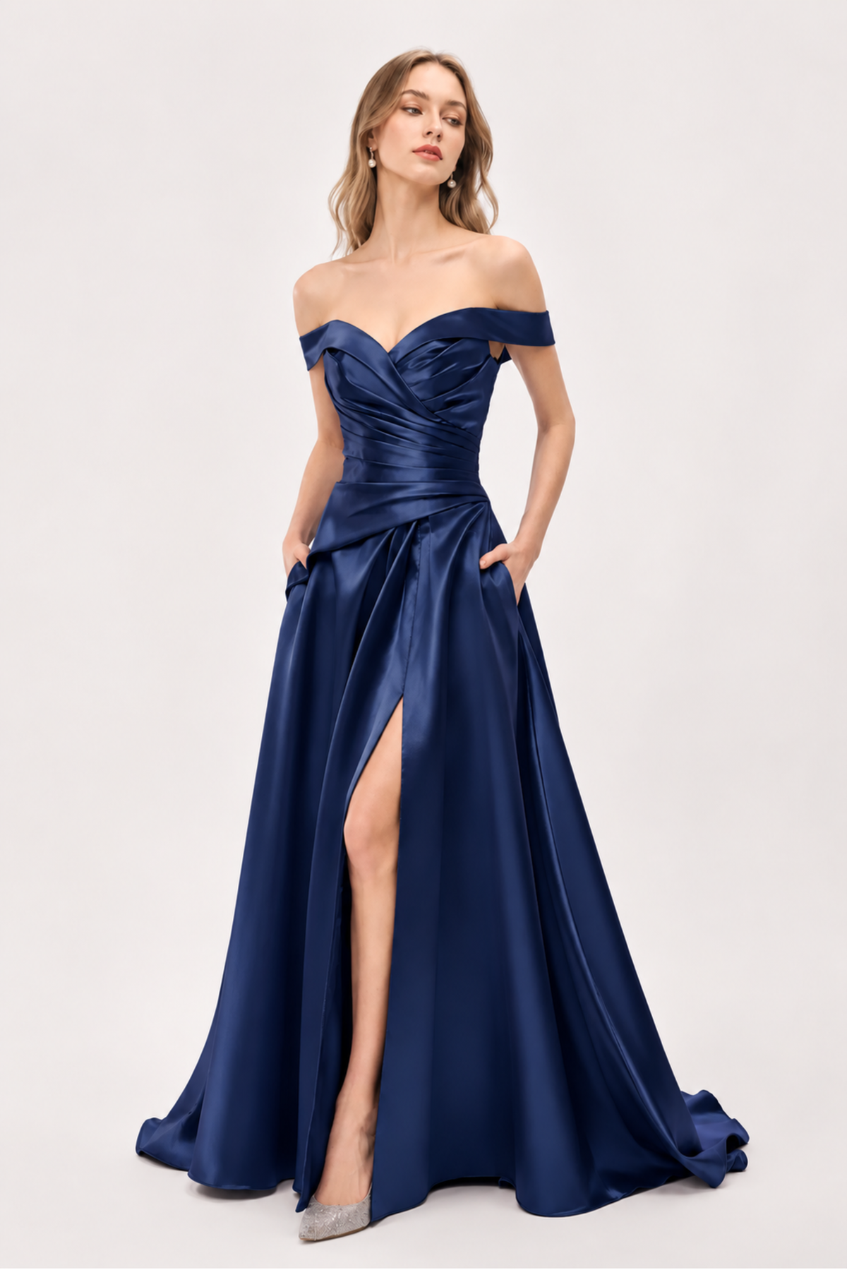 Sapphire Off-Shoulder Satin Gown