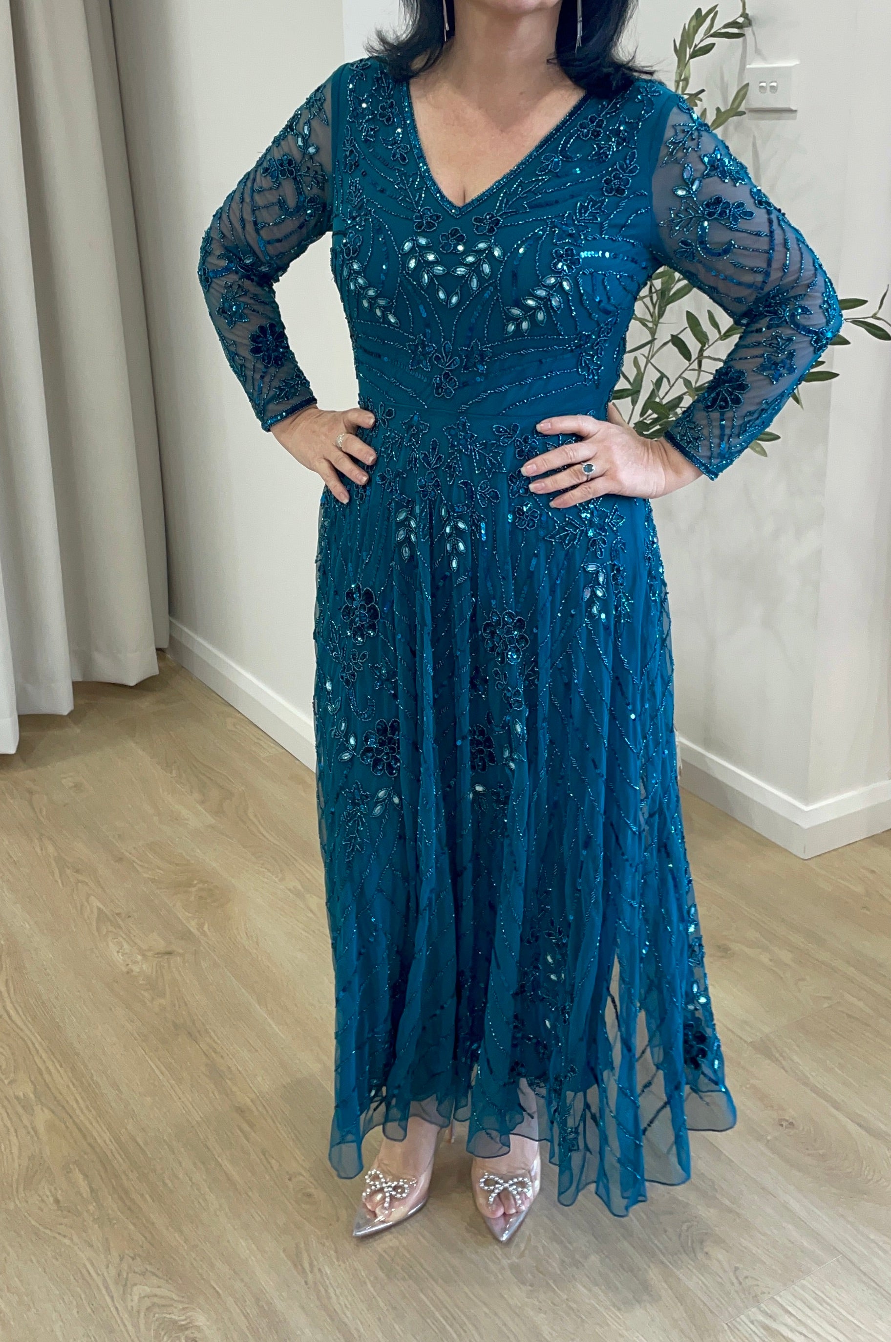 Jesse Harper Beaded Dress with Fluted Skirt JH0558