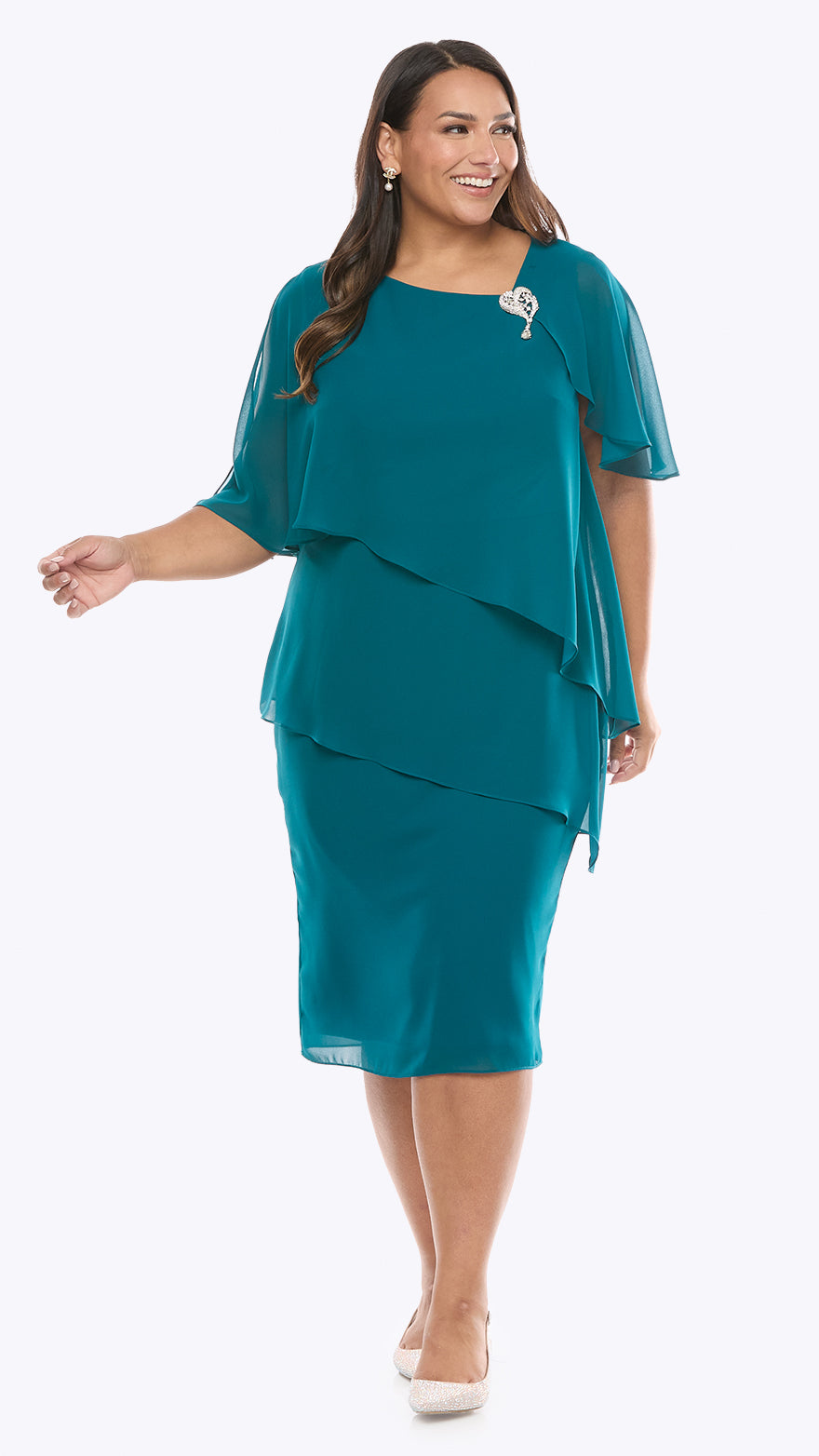Chiffon Layered Dress with Diamante Brooch LJ0628