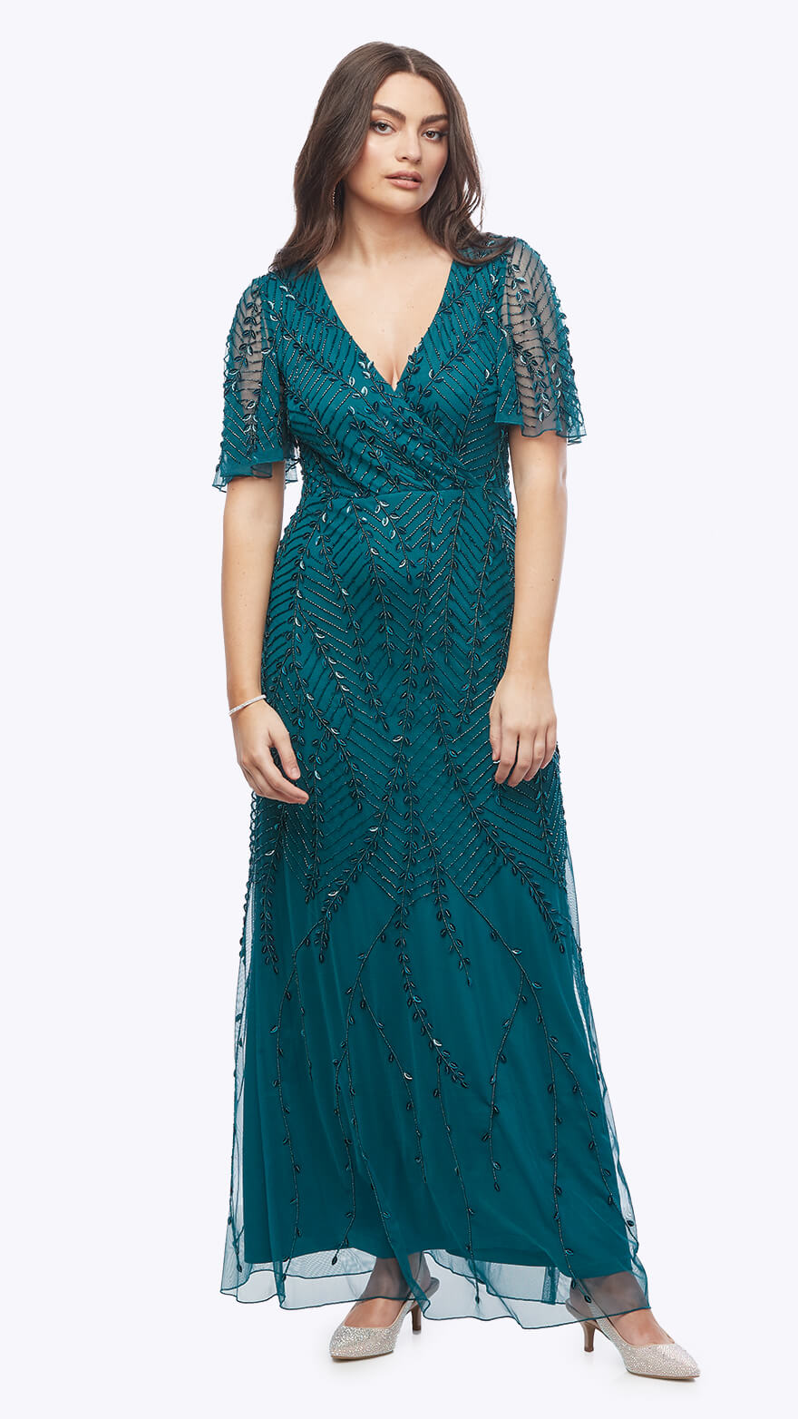 Beaded Stretch Mesh Gown Z0392