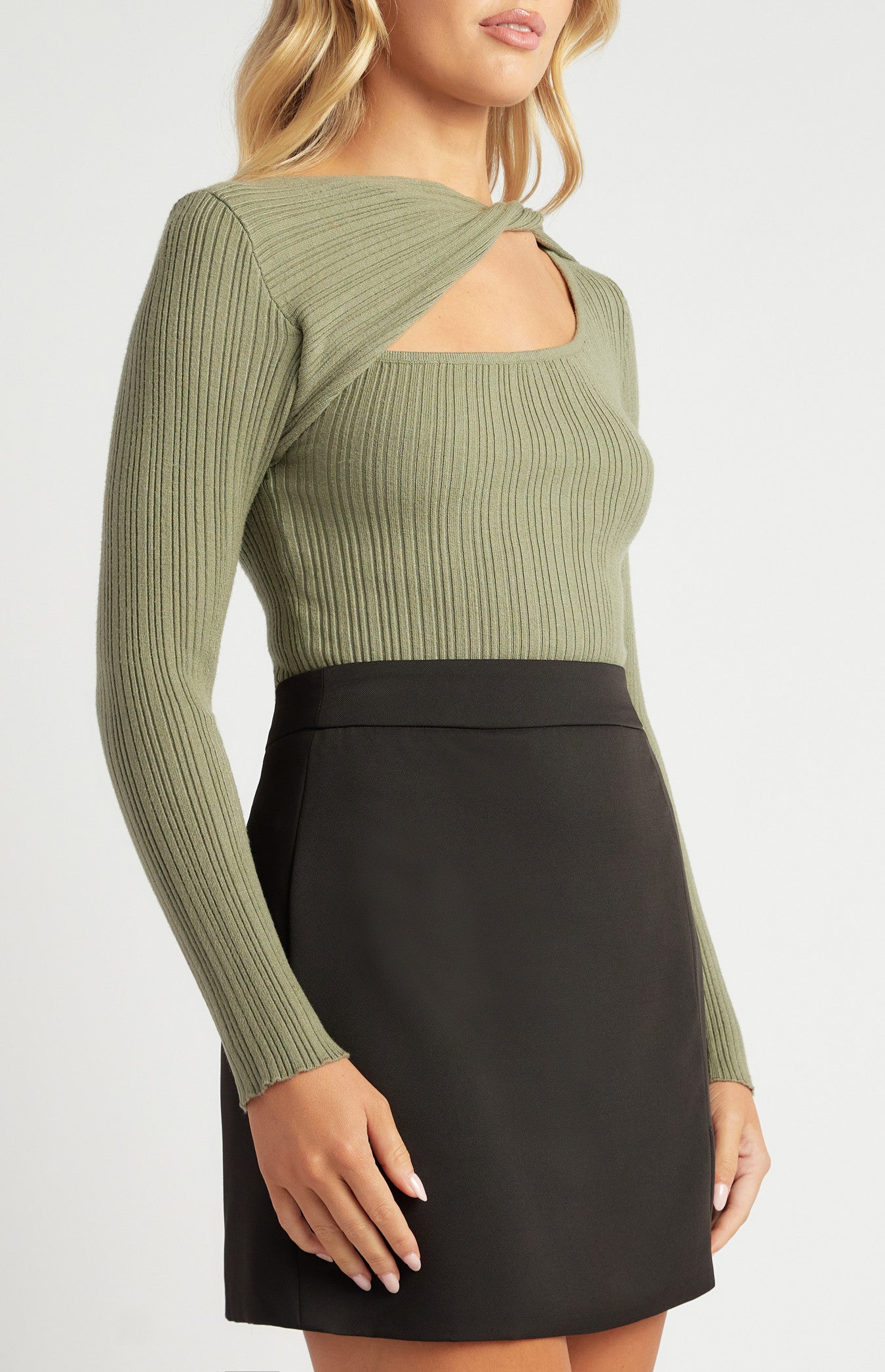 Twist Neckline Cut Out Detail Knit Top